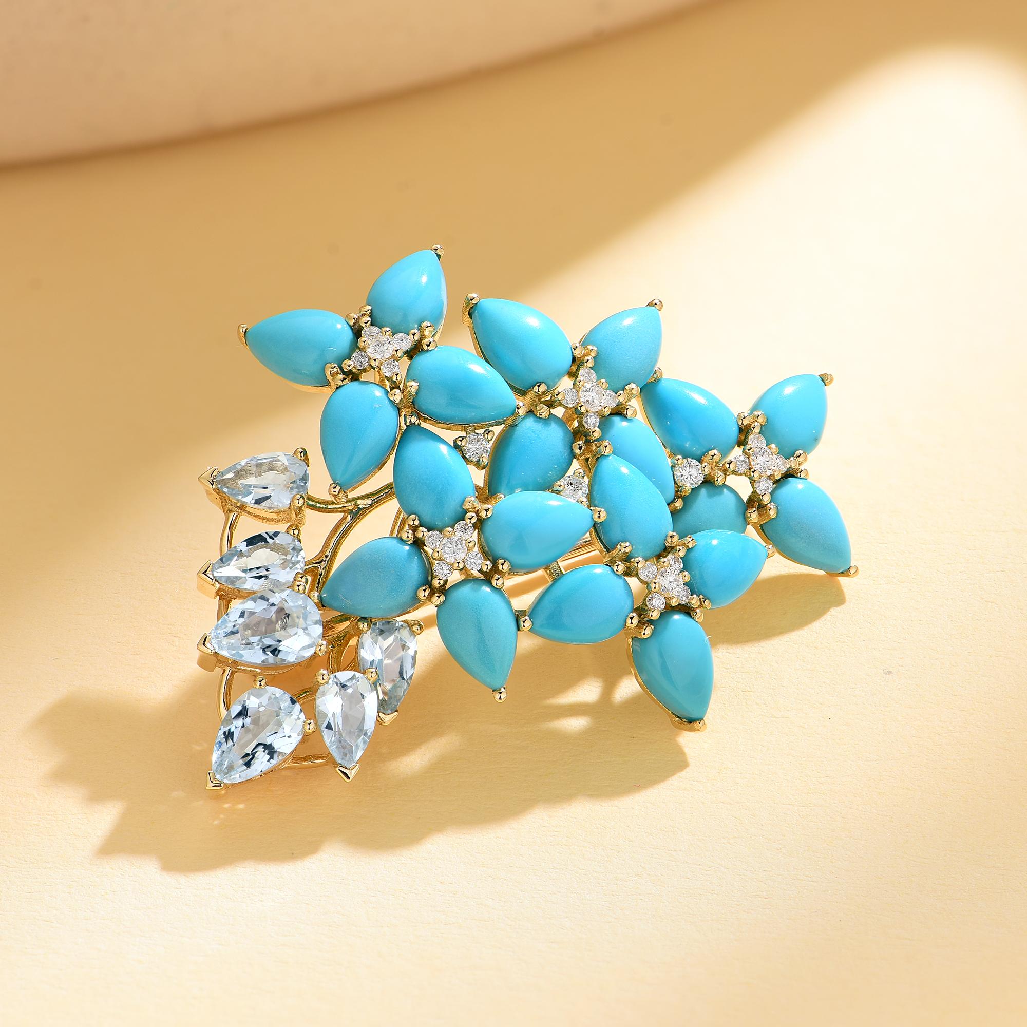 Hydrangea Blossom Turquoise Aquamarine Diamond Convertible Brooch/Pendant In New Condition For Sale In Rowland Heights, CA