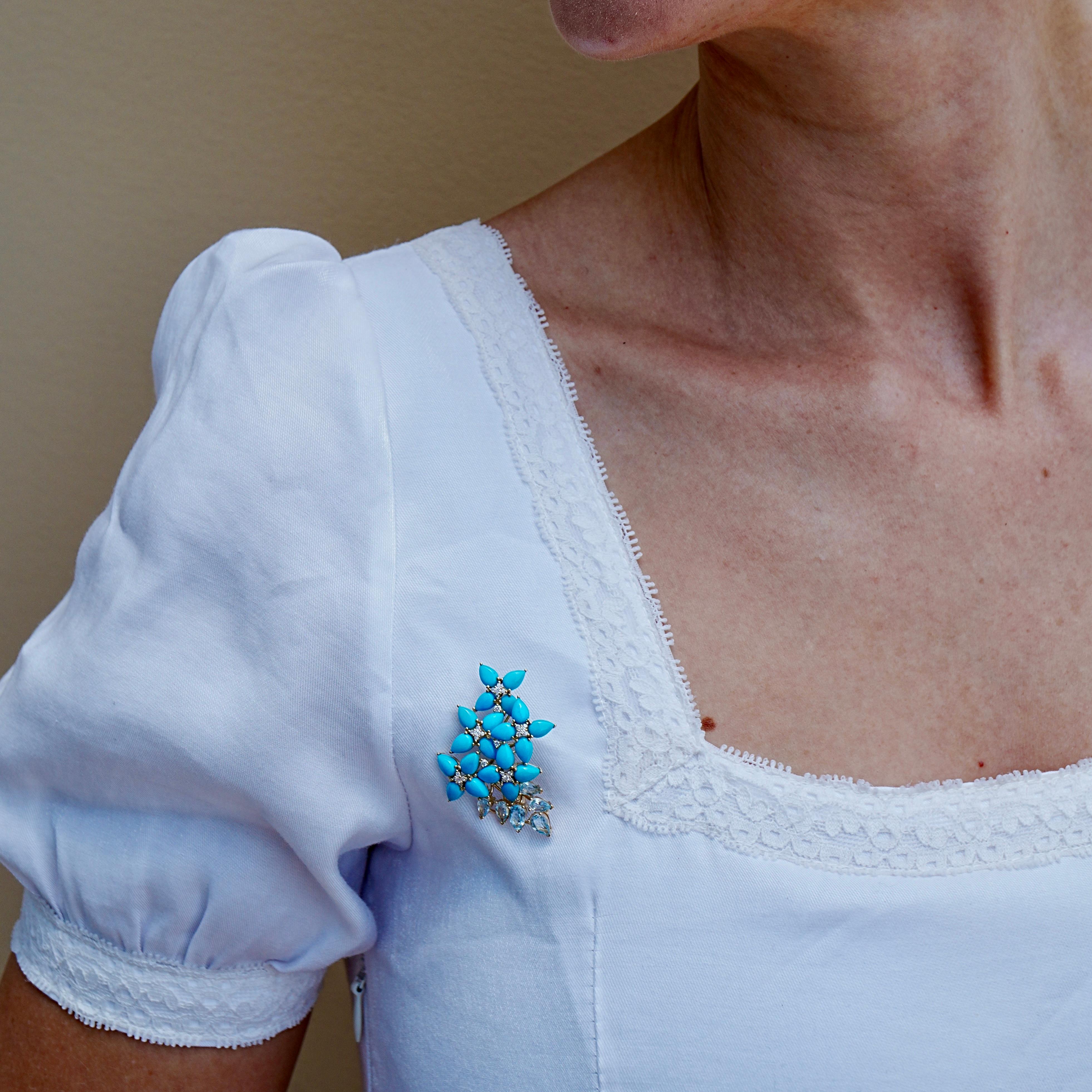 Women's Hydrangea Blossom Turquoise Aquamarine Diamond Convertible Brooch/Pendant For Sale