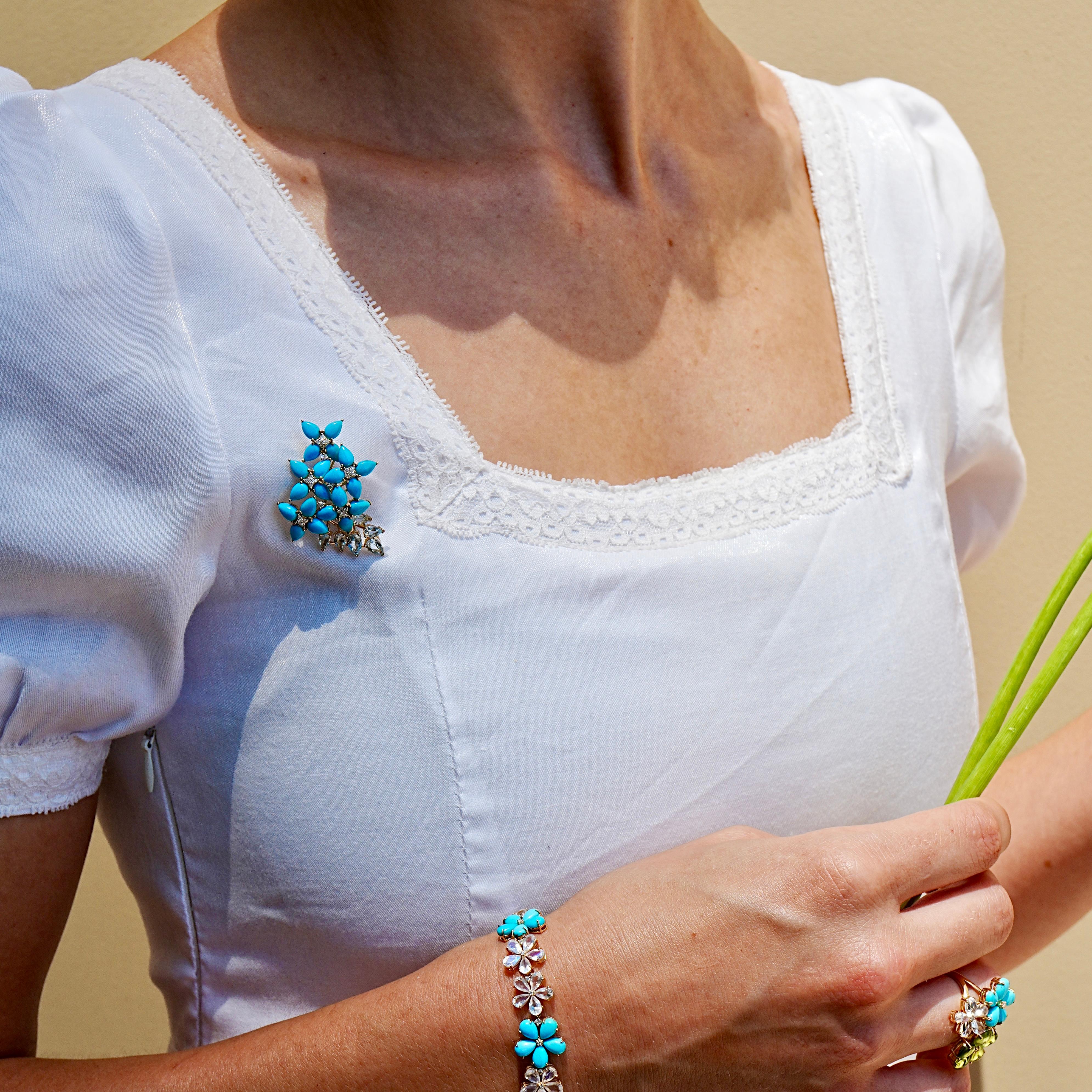 Hydrangea Blossom Turquoise Aquamarine Diamond Convertible Brooch/Pendant For Sale 1