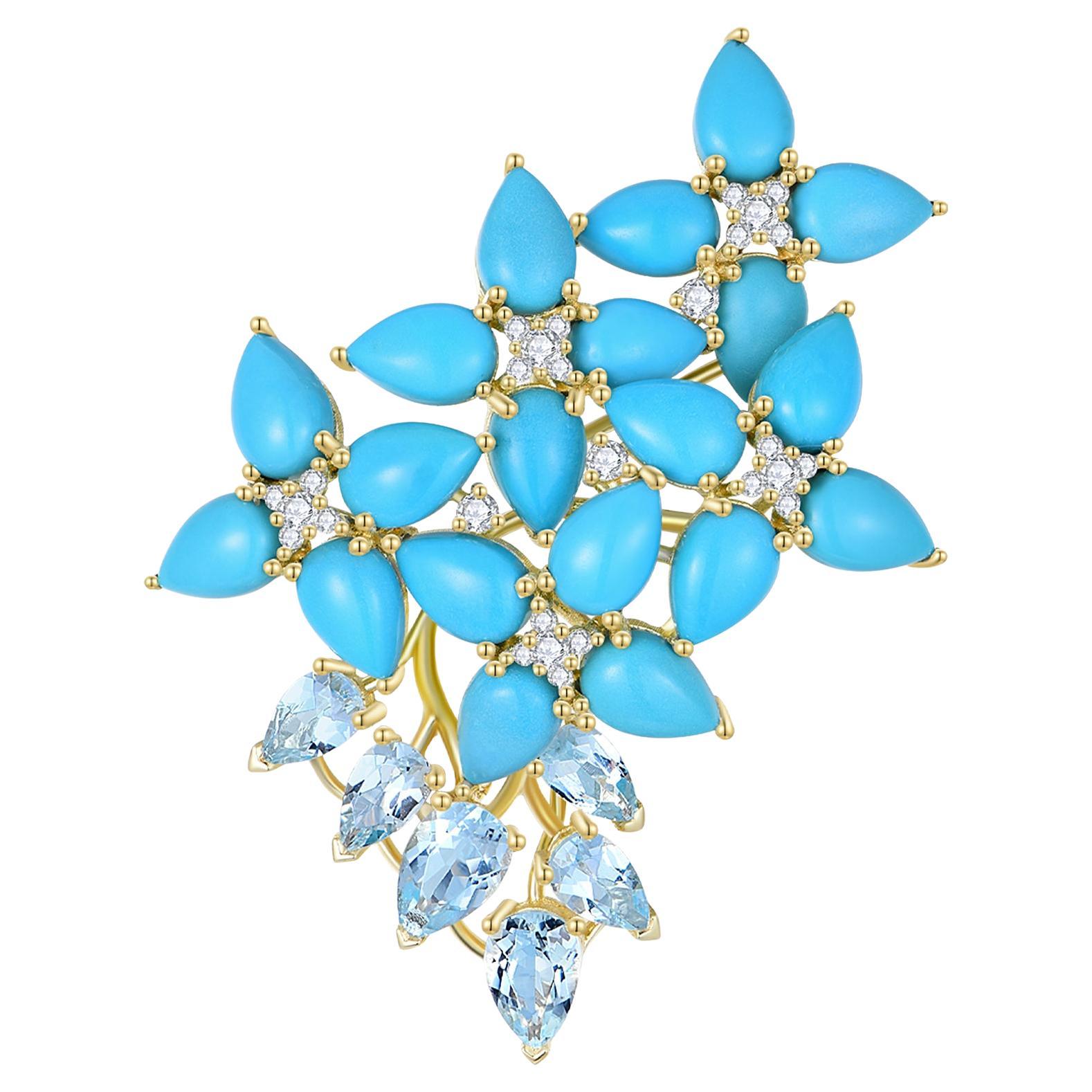 Hydrangea Blossom Turquoise Aquamarine Diamond Convertible Brooch/Pendant