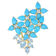 Hydrangea Blossom Turquoise Aquamarine Diamond Convertible Brooch/Pendant