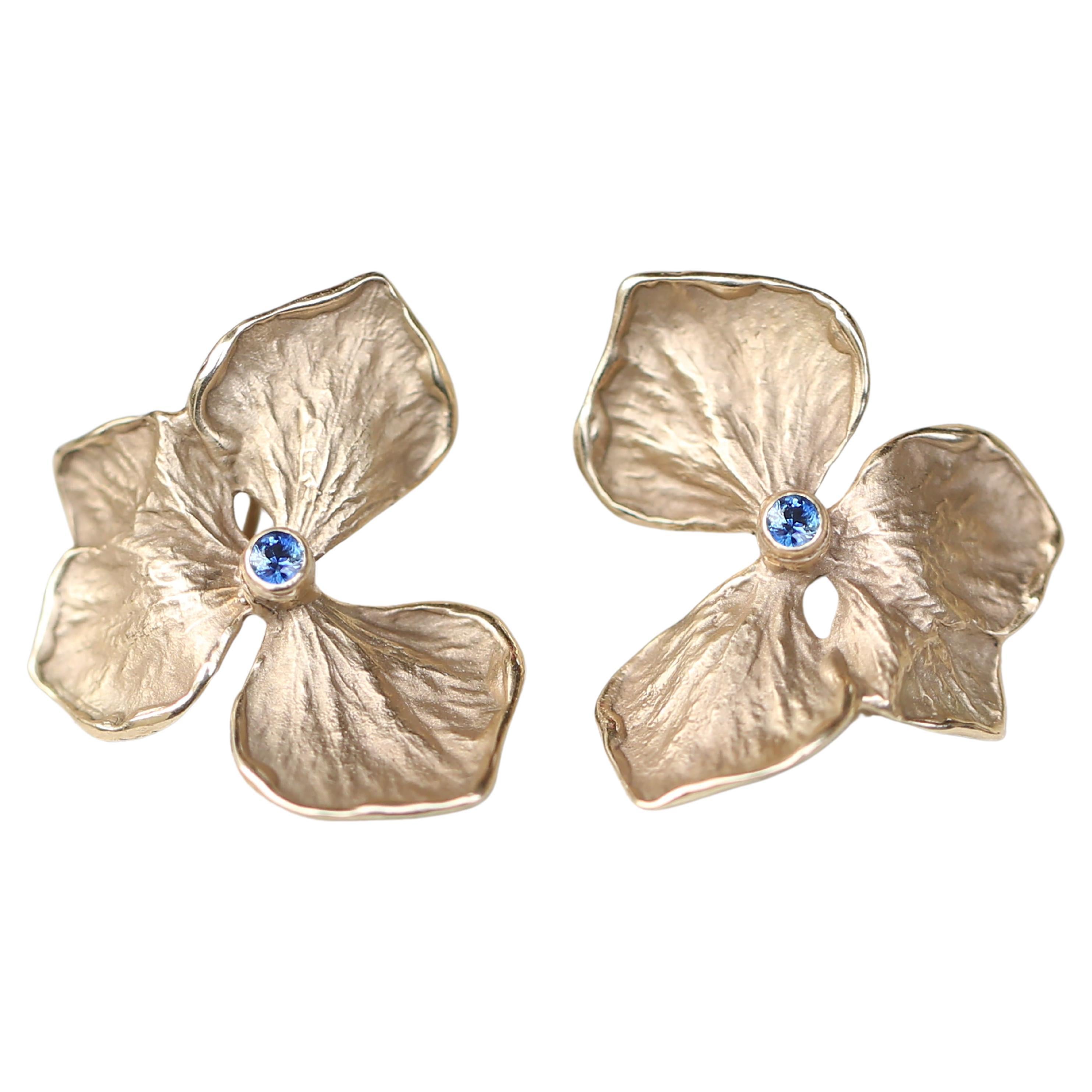 Hydrangea Flower Earrings, Solid 14k Yellow Gold, Blue Sapphire  For Sale