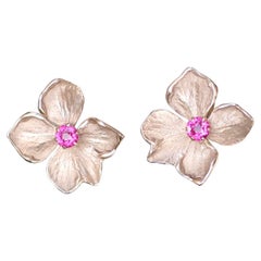Hydrangea Flower Earrings, Solid 14k Rose Gold, Ruby