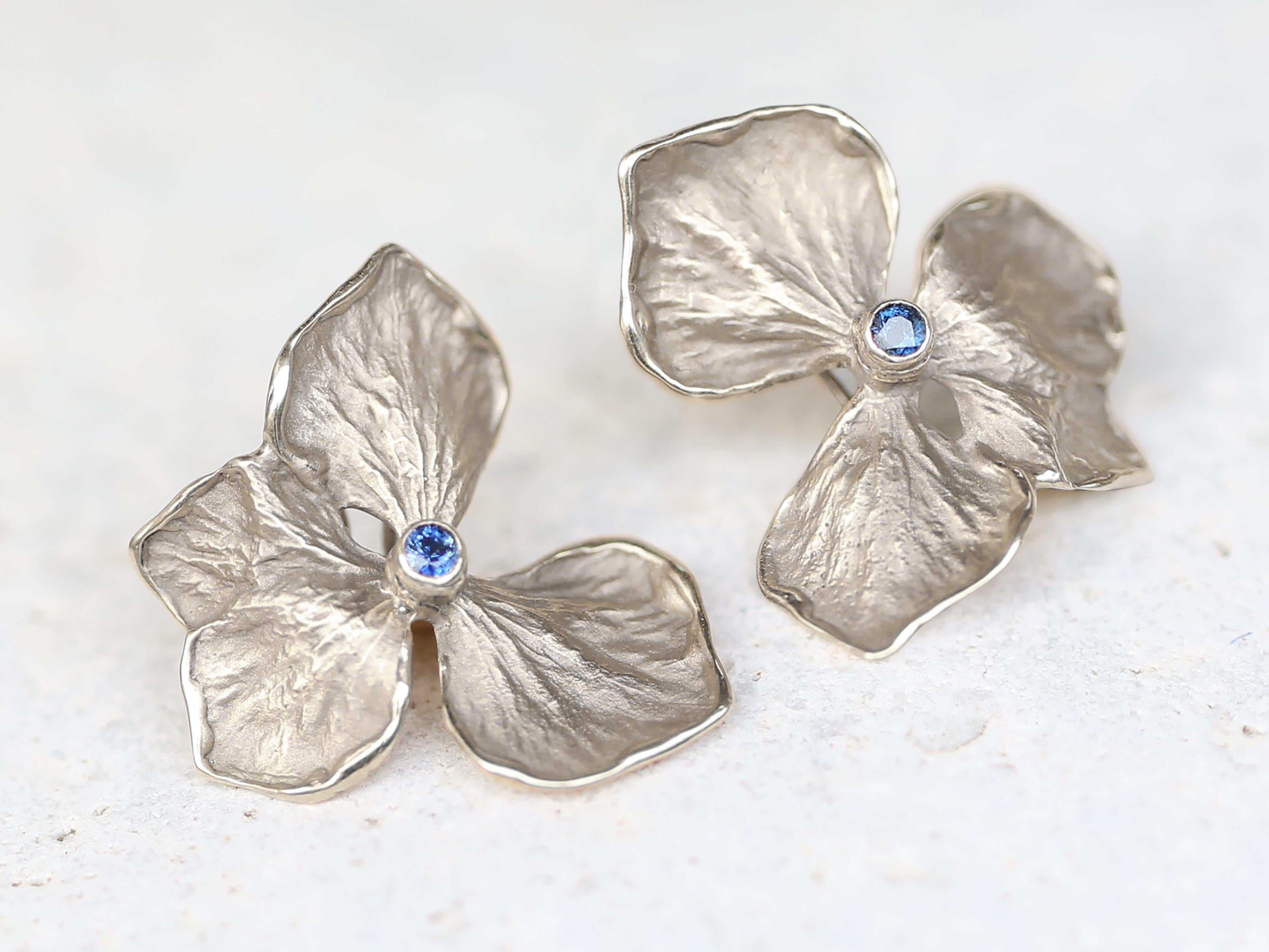 Artisan Hydrangea Flower Earrings, Solid 14k White Gold, Blue Sapphire  For Sale