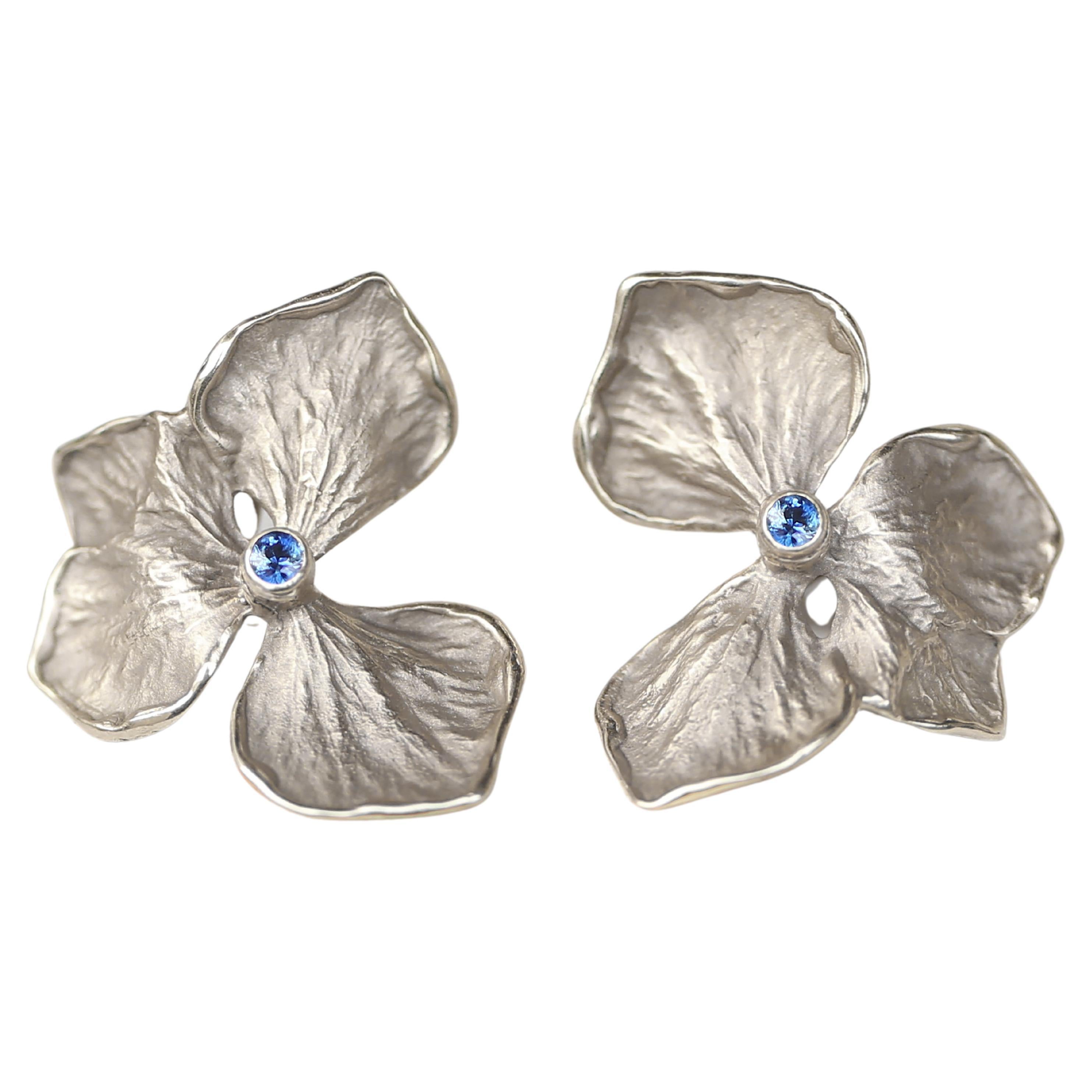 Hydrangea Flower Earrings, Solid 14k White Gold, Blue Sapphire  For Sale