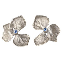 Hydrangea Flower Earrings, Solid 14k White Gold, Blue Sapphire 