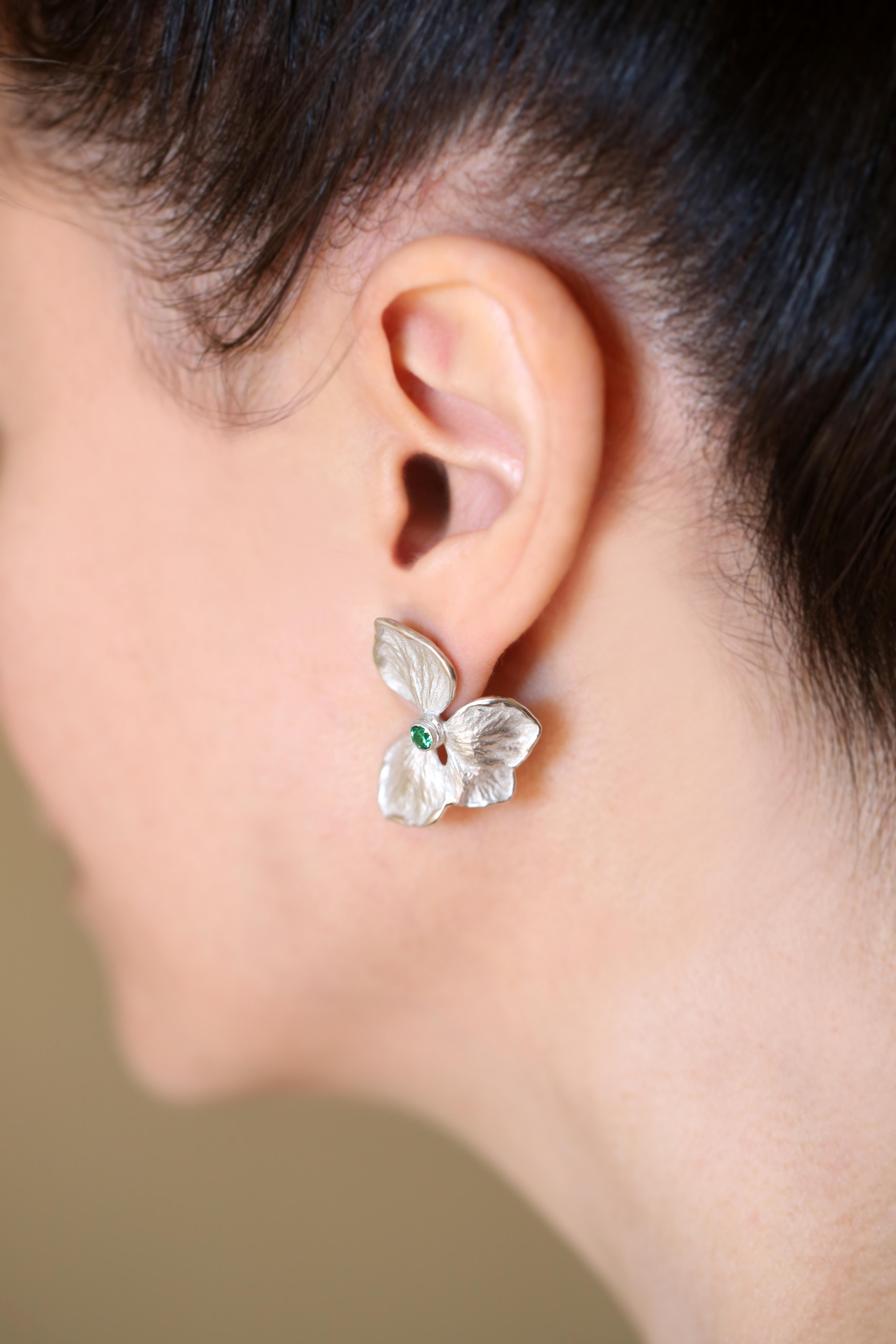 Hydrangea Flower Earrings, Solid 14k White Gold, Ruby For Sale 4