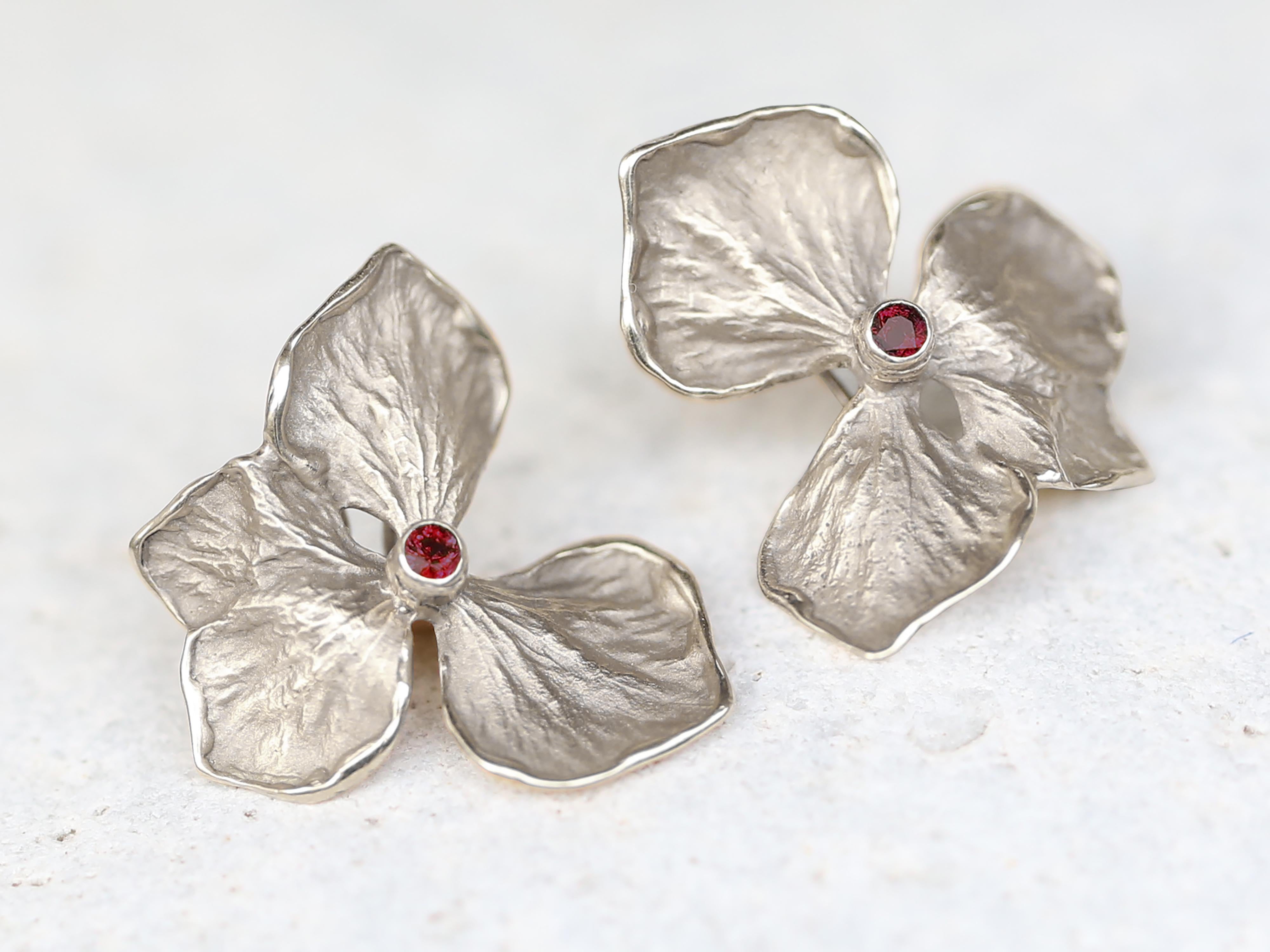 Artisan Hydrangea Flower Earrings, Solid 14k White Gold, Ruby For Sale
