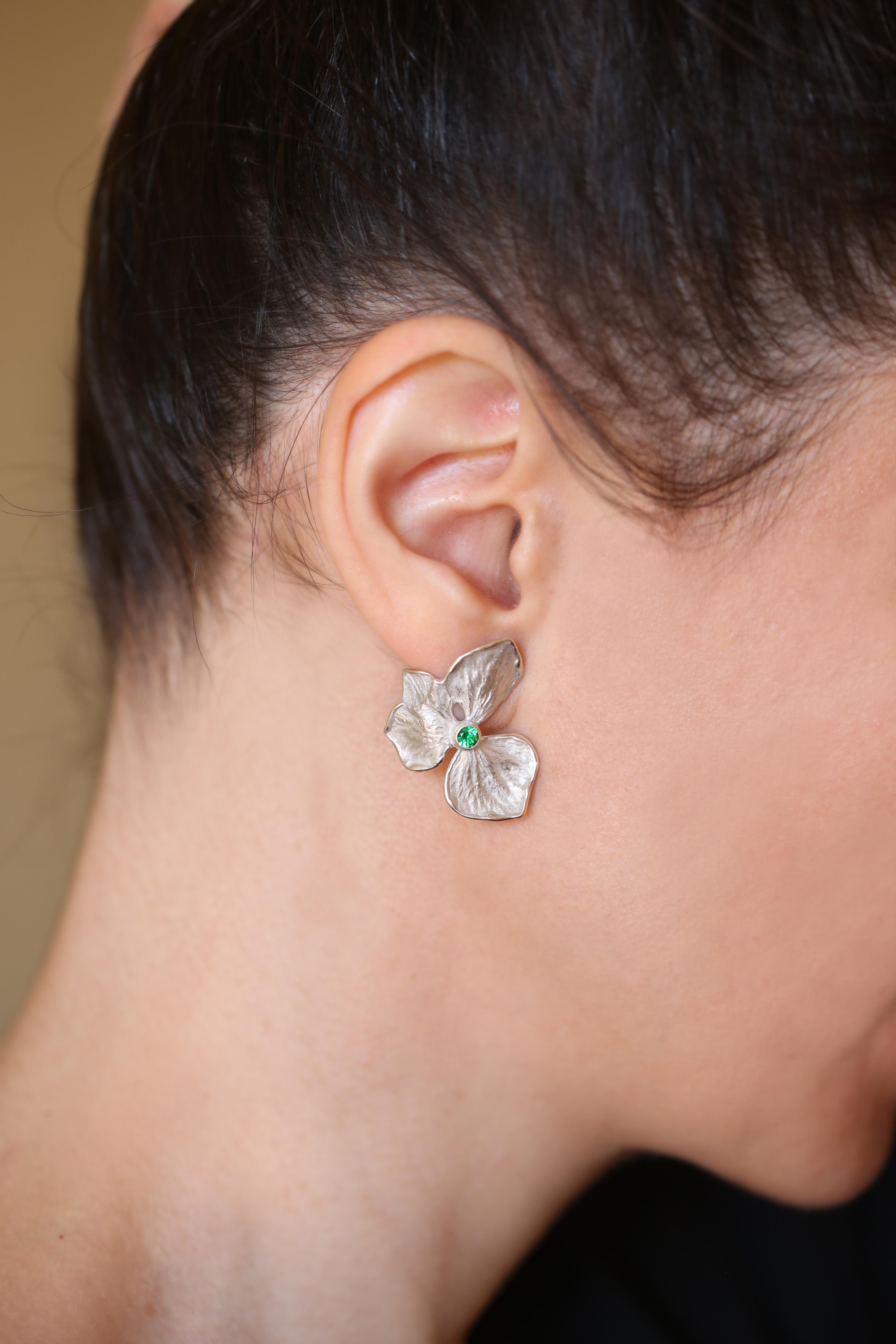 Hydrangea Flower Earrings, Solid 14k White Gold, Ruby For Sale 1