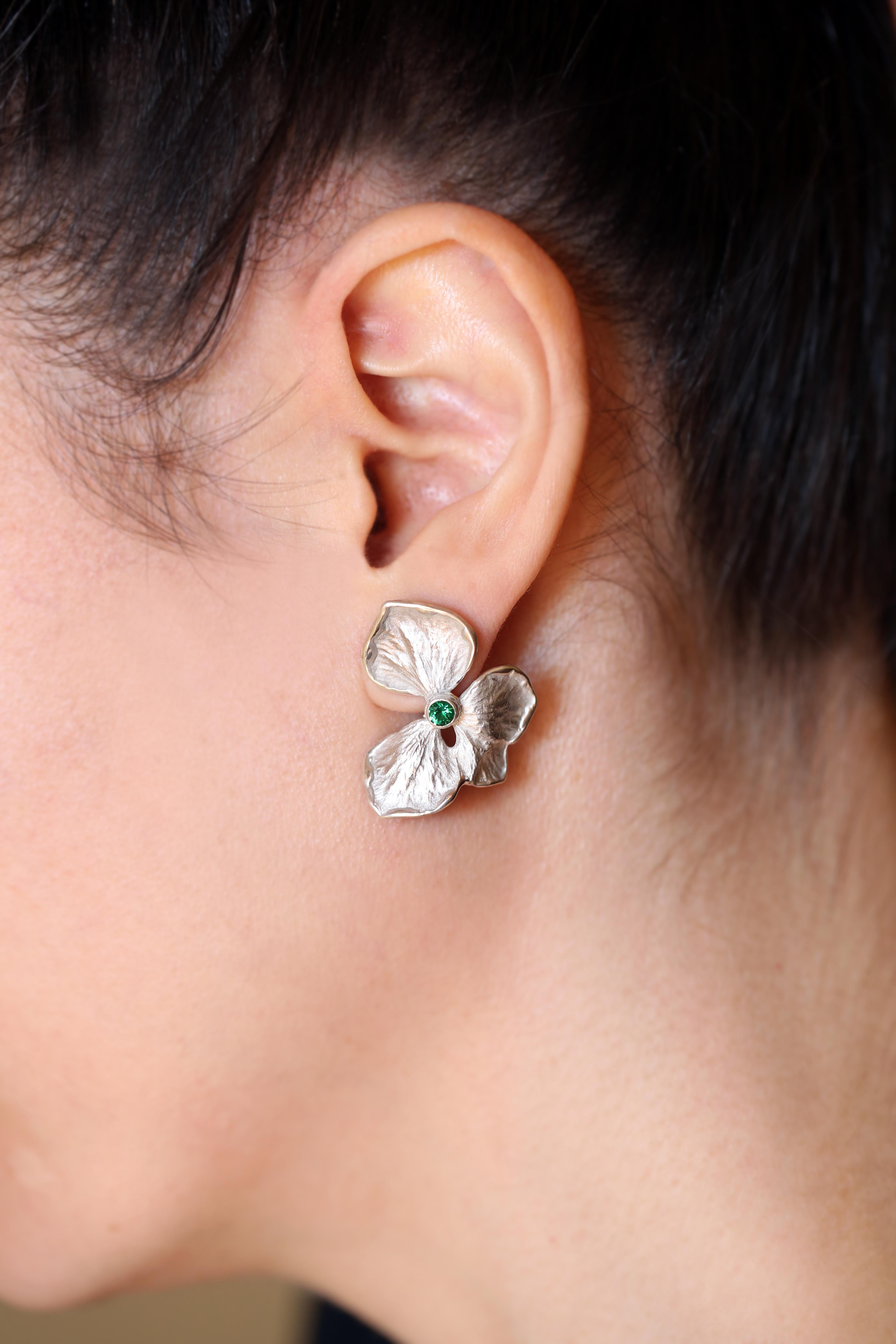 Hydrangea Flower Earrings, Solid 14k White Gold, Ruby For Sale 3