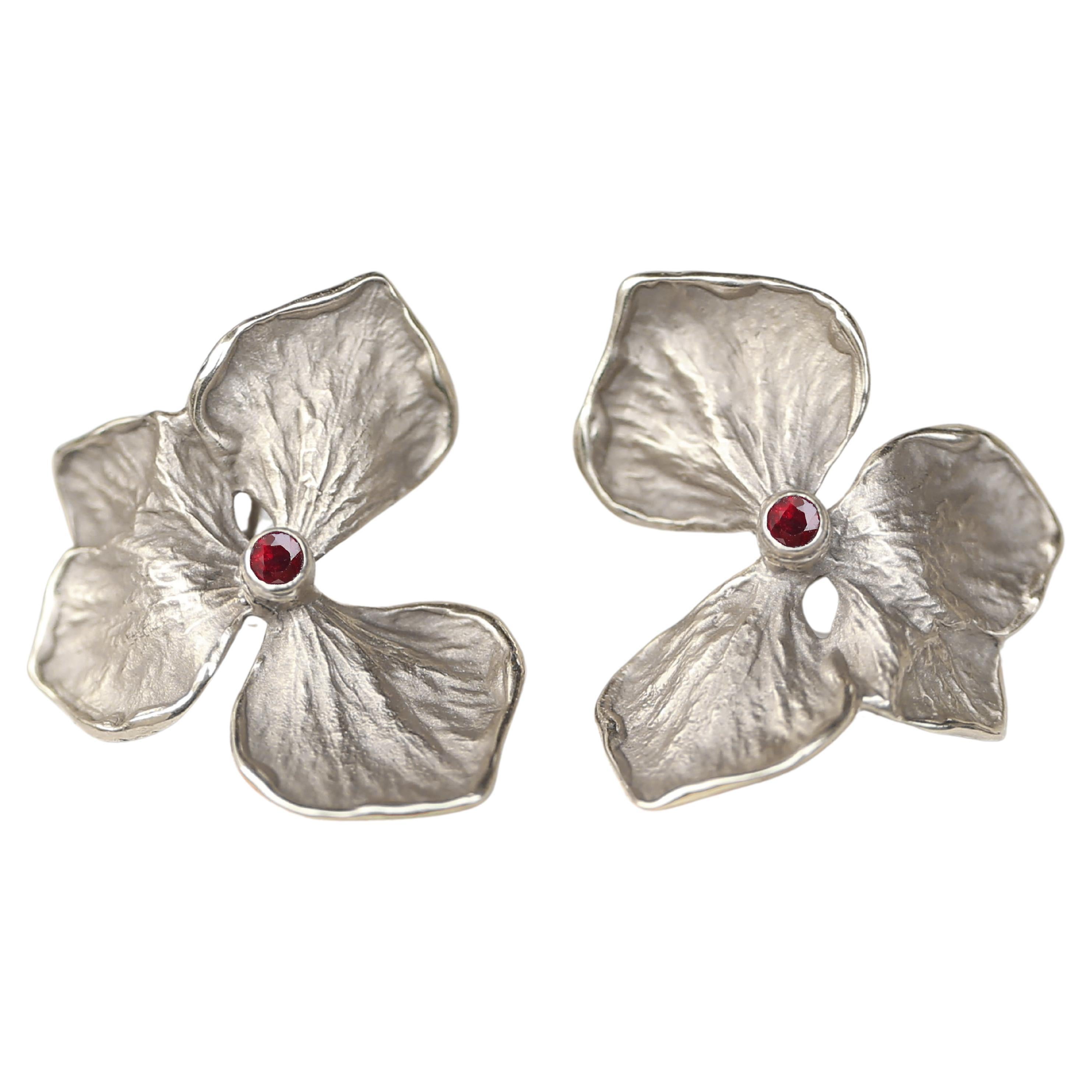 Hydrangea Flower Earrings, Solid 14k White Gold, Ruby For Sale