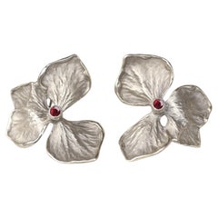 Hydrangea Flower Earrings, Solid 14k White Gold, Ruby