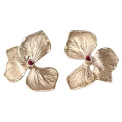Hydrangea Flower Earrings, Solid 14k Yellow Gold, Ruby