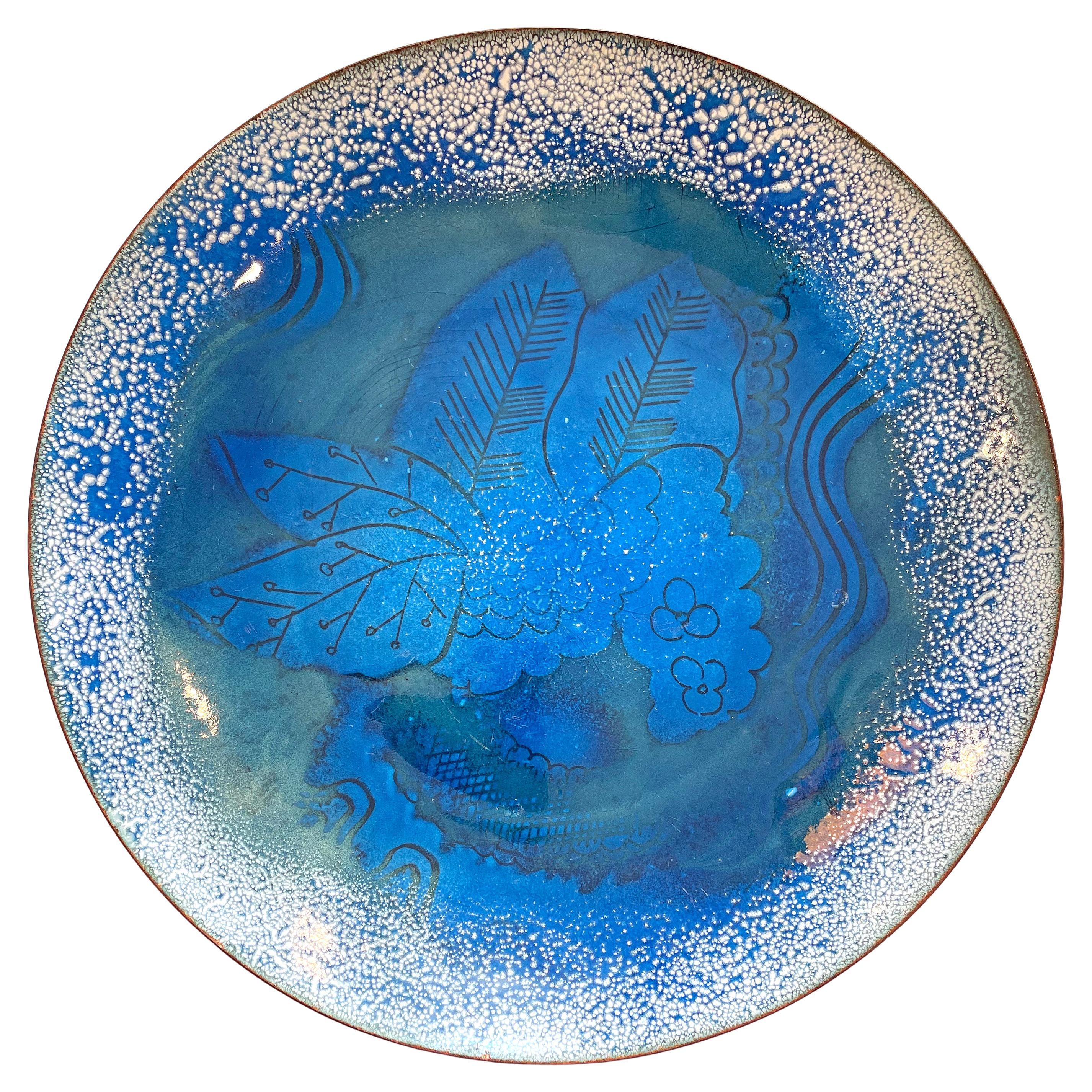 "Hydrangea in Blue, " 1930s Enamel Bowl with Leaves and Flower Clusters by Winter For Sale