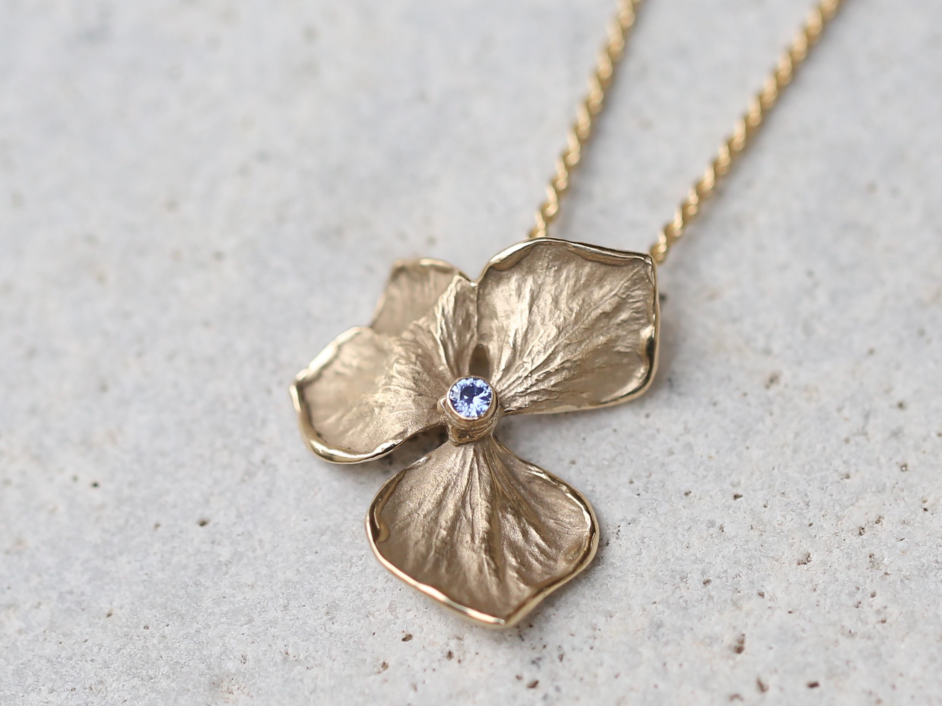 Artisan Hydrangea Flower Necklace, Solid 14k and 18k Yellow Gold, Blue Sapphire  For Sale