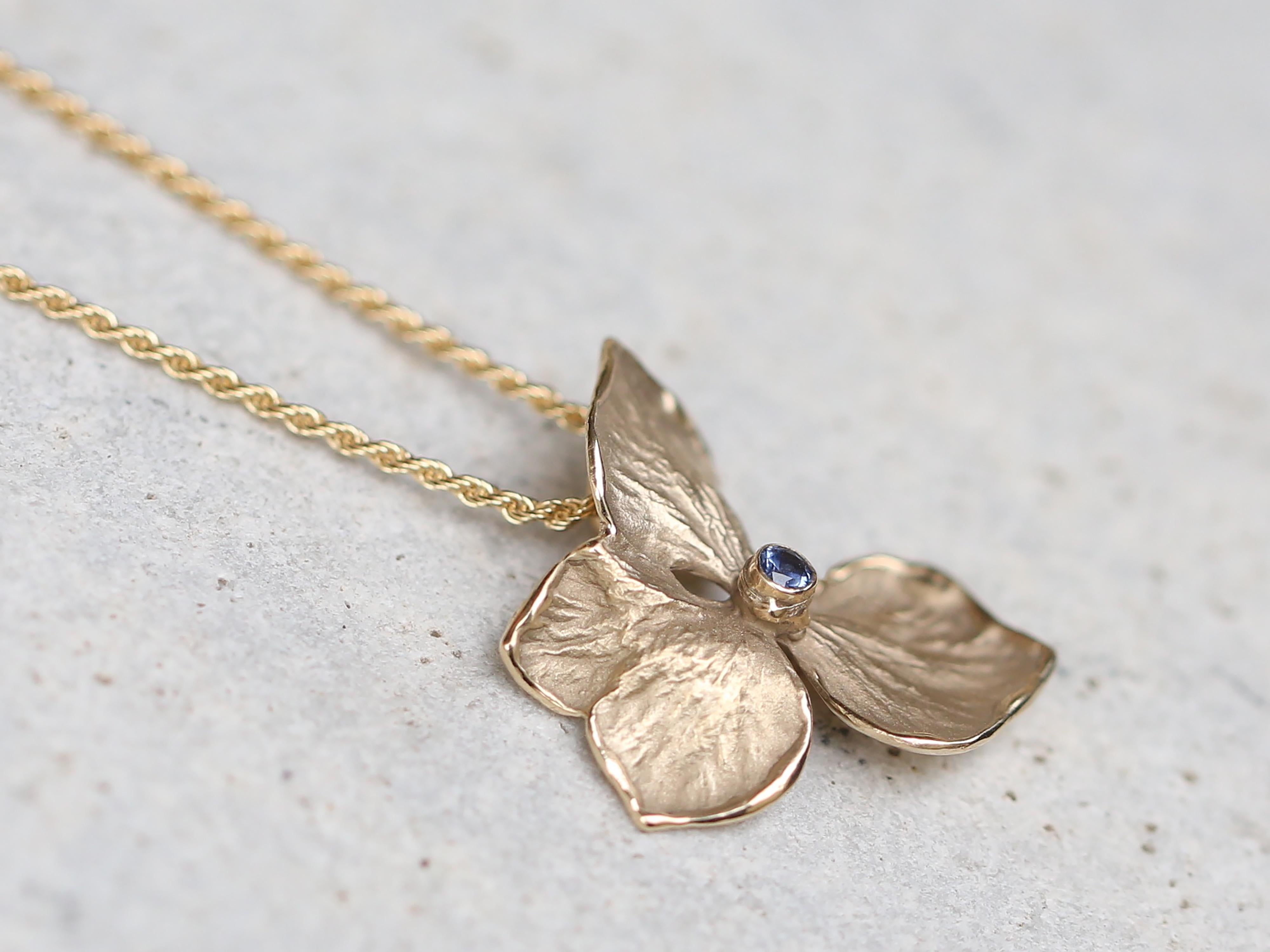 Women's Hydrangea Flower Necklace, Solid 14k and 18k Yellow Gold, Blue Sapphire  For Sale