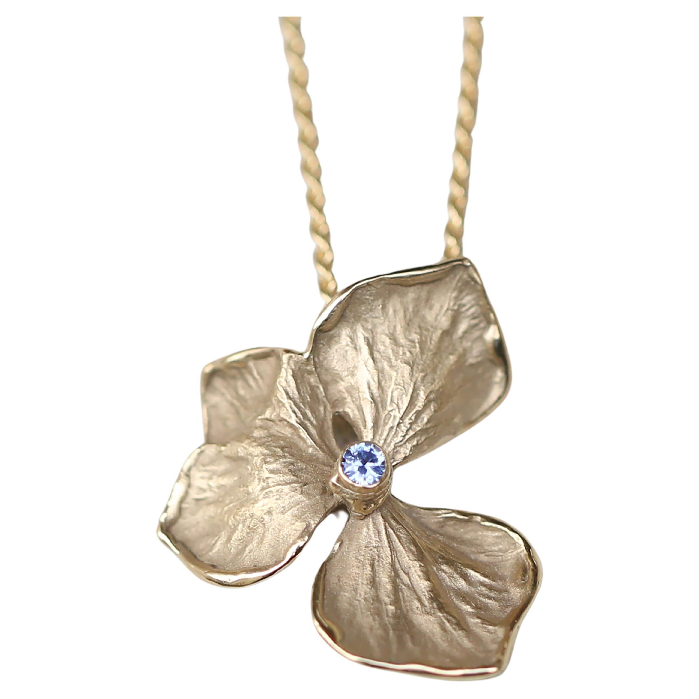 Hydrangea Necklace, Solid 14k and 18k Yellow Gold, Blue Sapphire  For Sale