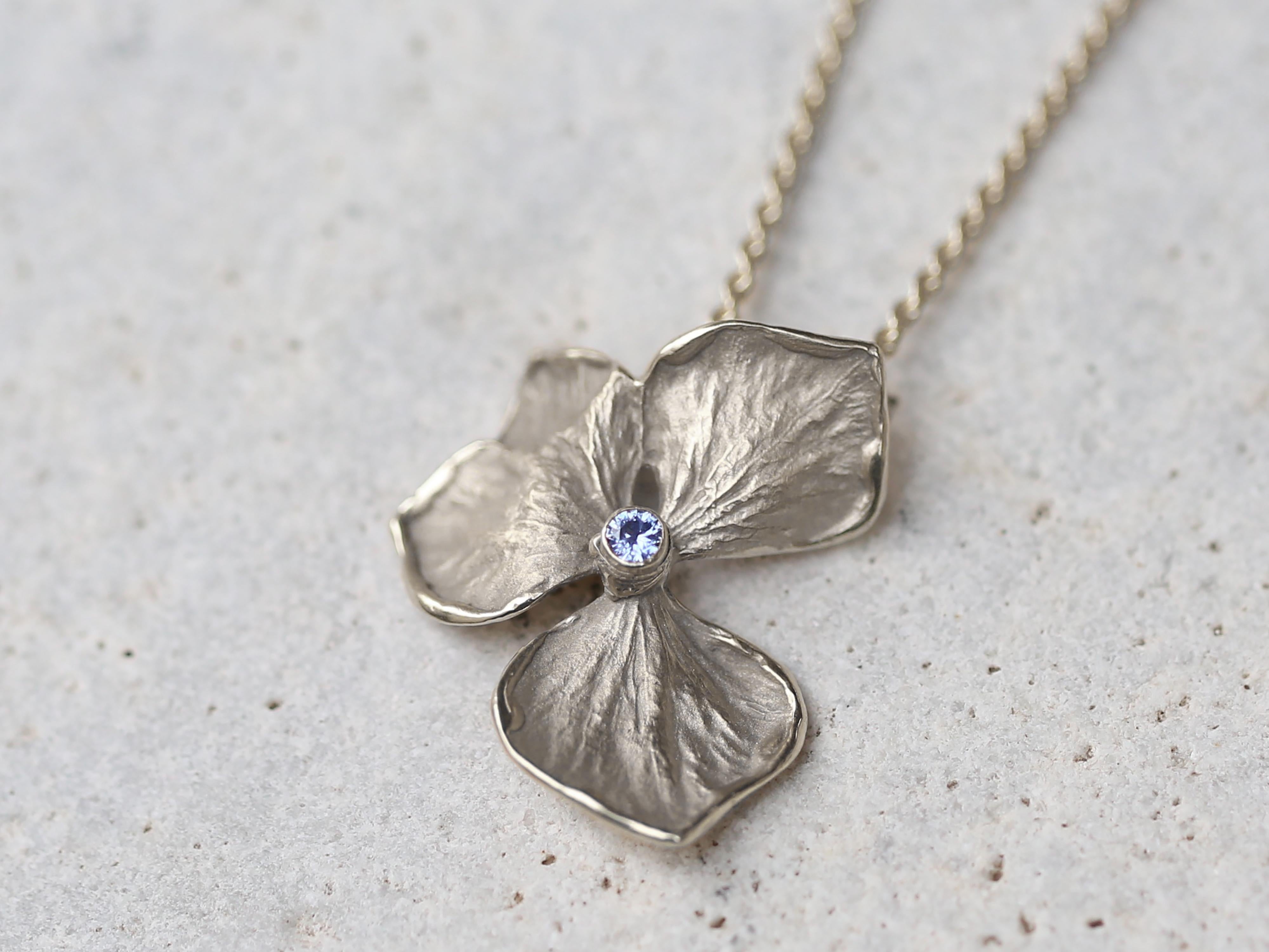 Artisan Hydrangea Flower Necklace, Solid 14k and 18k White Gold, Blue Sapphire For Sale