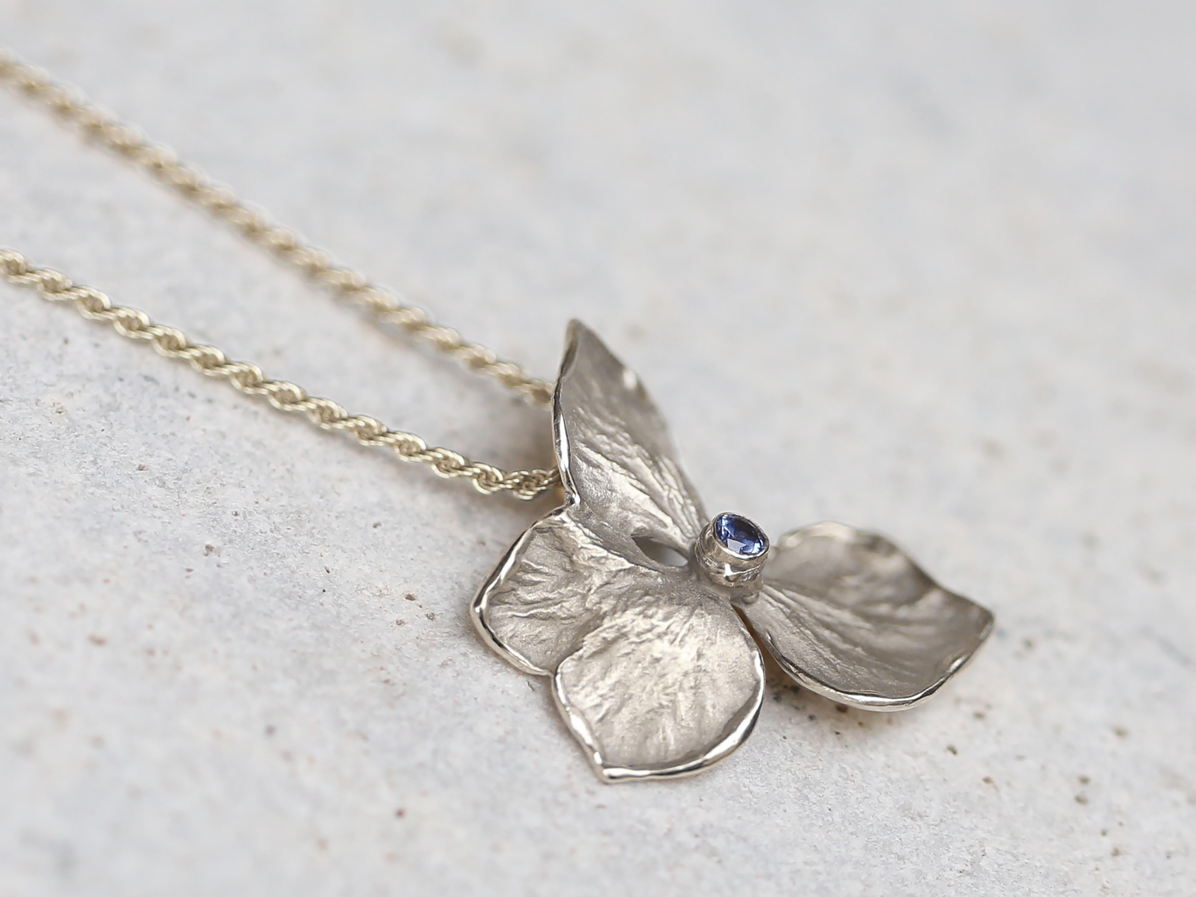 Women's Hydrangea Flower Necklace, Solid 14k and 18k White Gold, Blue Sapphire For Sale