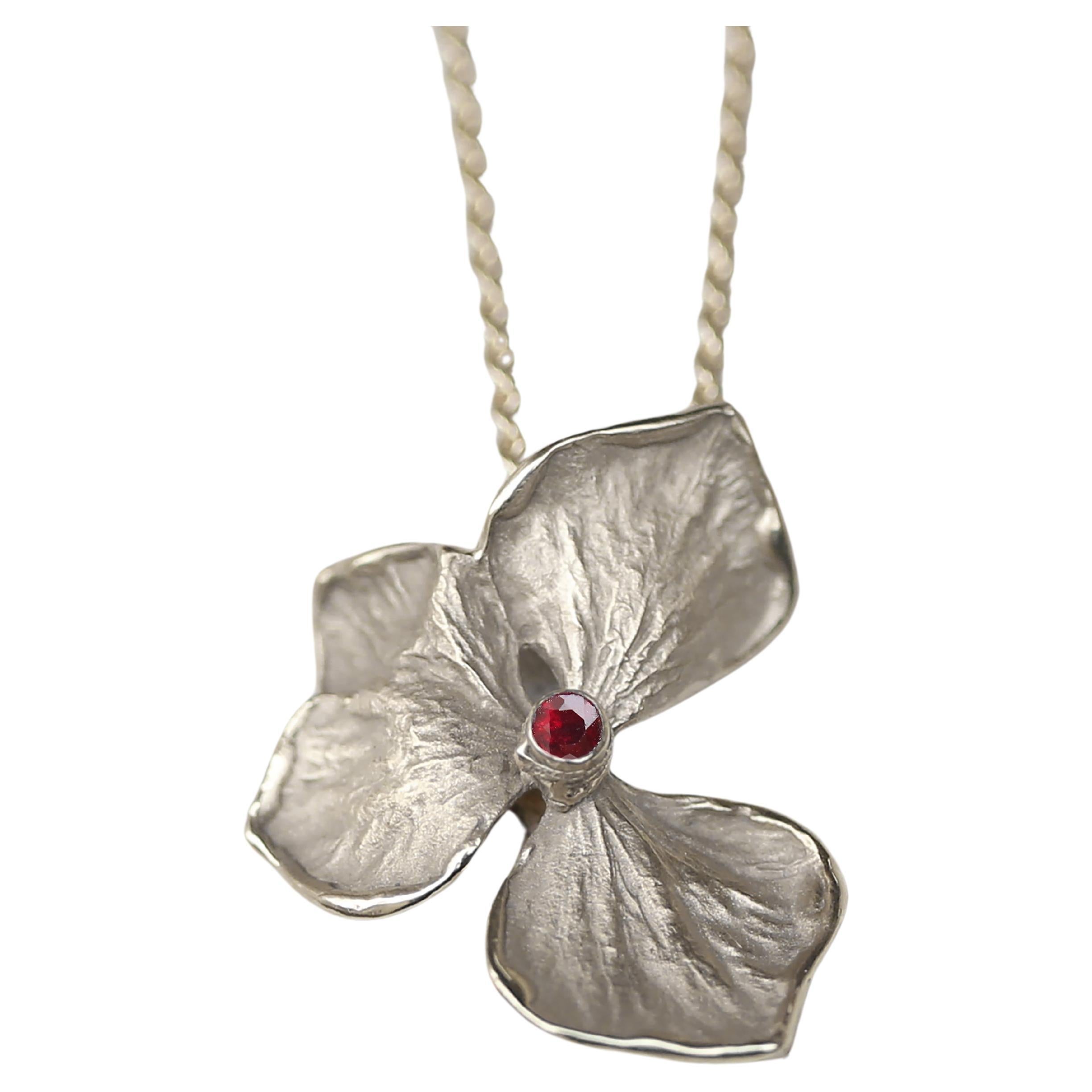 Hydrangea Flower Necklace, Solid 14k and 18k White Gold, Ruby For Sale