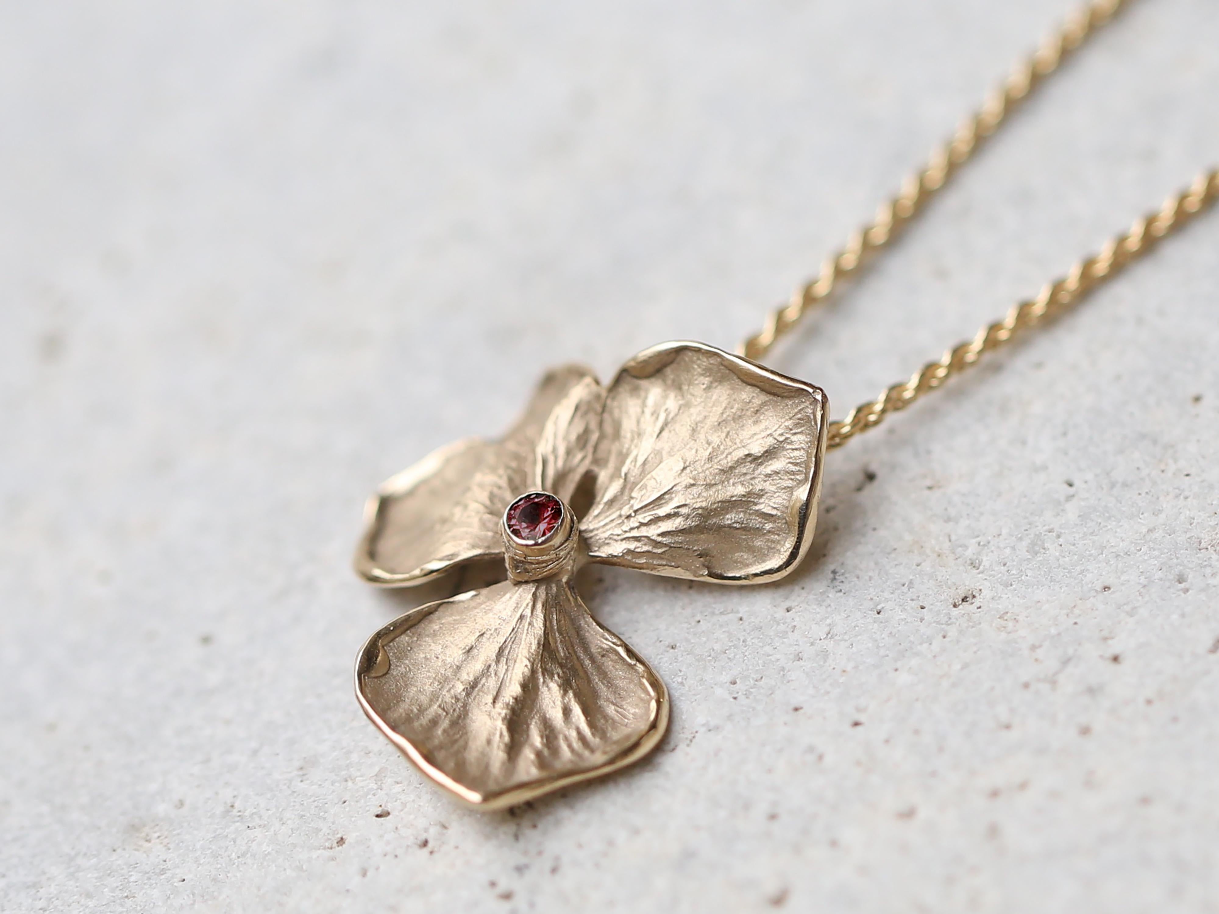 Artisan Hydrangea Flower Necklace, Solid 14k and 18k Yellow Gold, Ruby For Sale