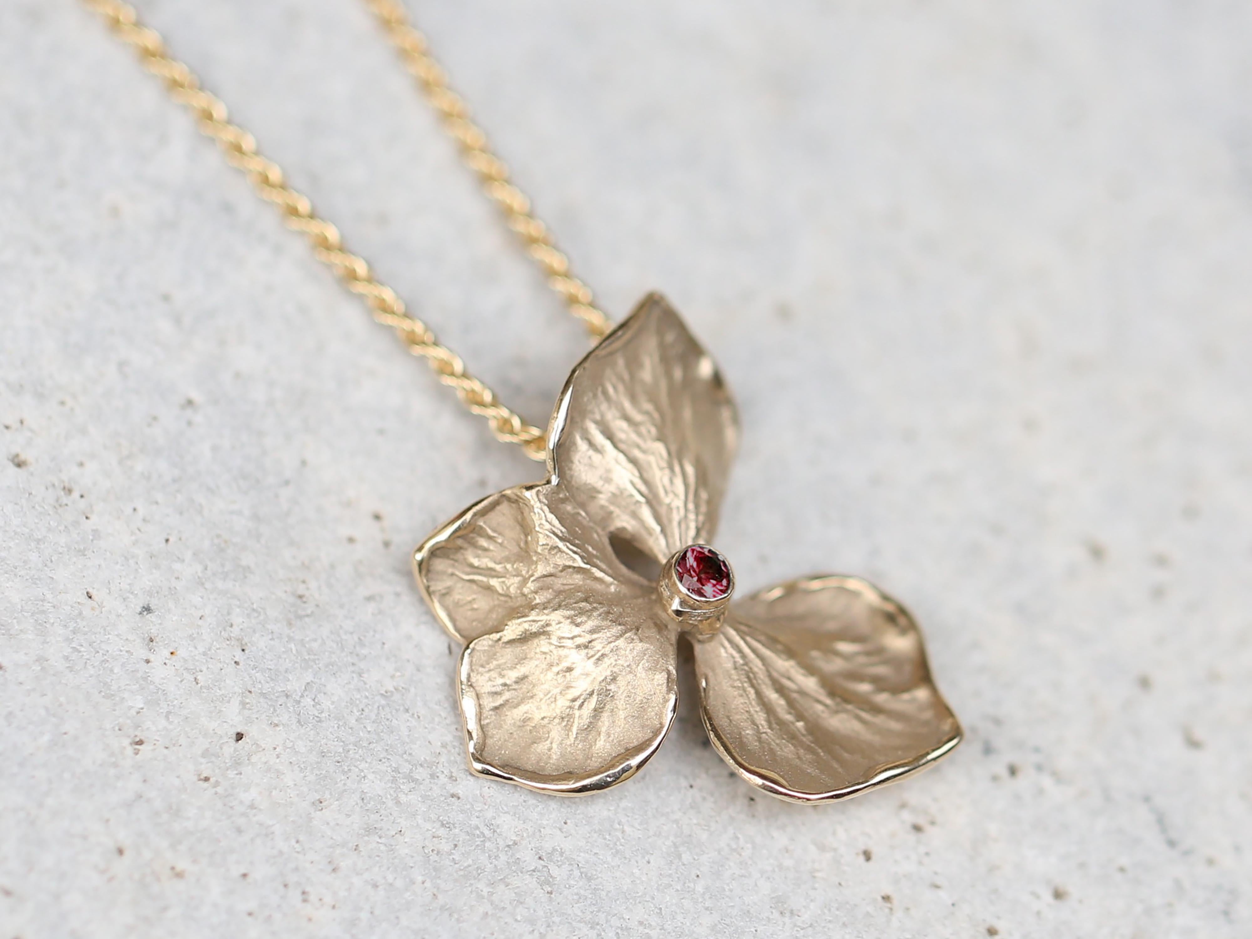 Brilliant Cut Hydrangea Flower Necklace, Solid 14k and 18k Yellow Gold, Ruby For Sale