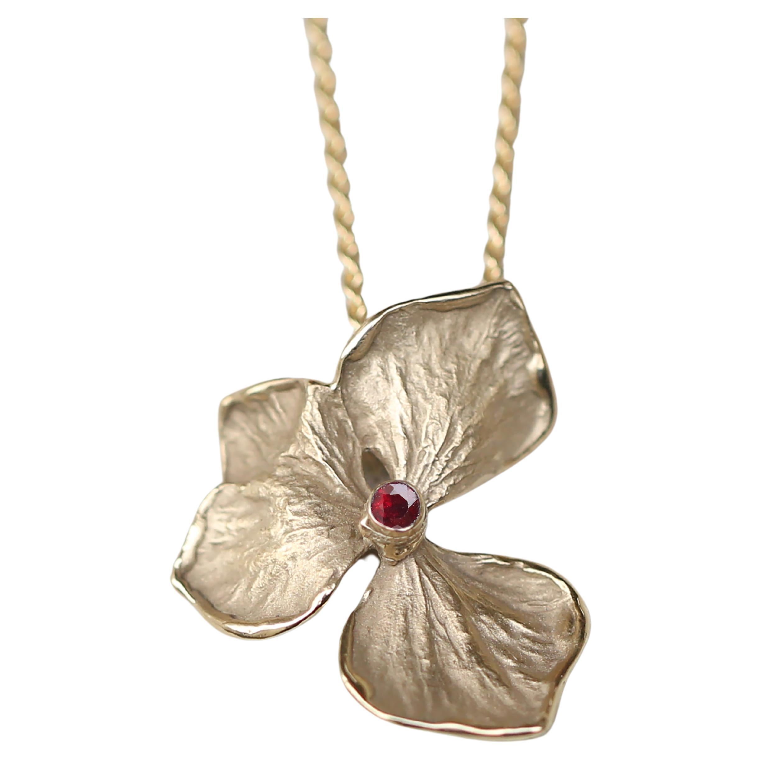 Hydrangea Flower Necklace, Solid 14k and 18k Yellow Gold, Ruby For Sale