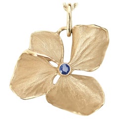 Hydrangea Queen-Size Flower Necklace, Solid 14k, 18k Yellow Gold, Blue Sapphire