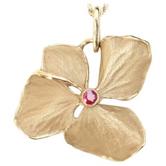 Hydrangea Queen-Size Flower Necklace, Solid 14k, 18k Yellow Gold, Ruby