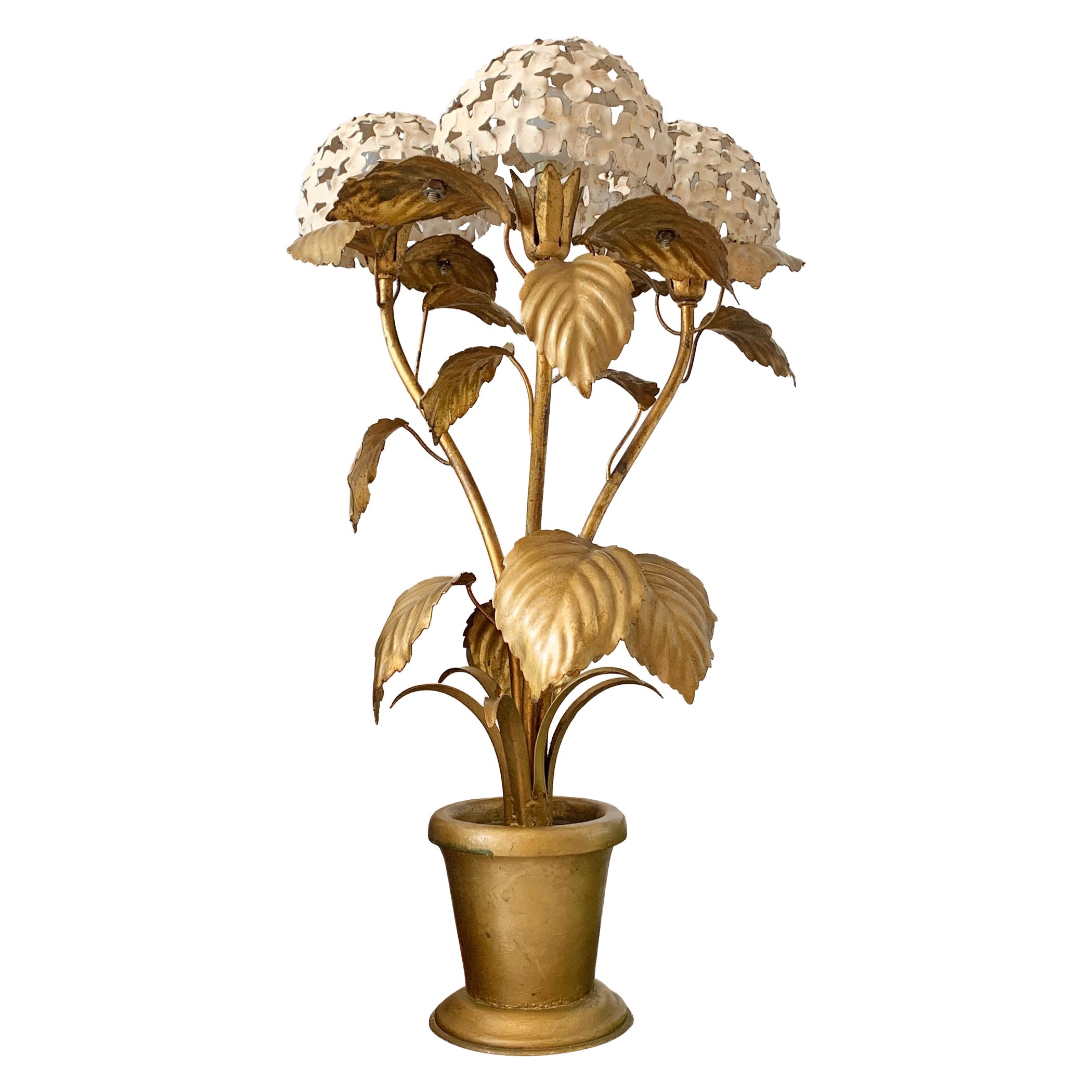 Hydrangea Tischlampe in Weiß und Gold 1950er Jahre im Angebot