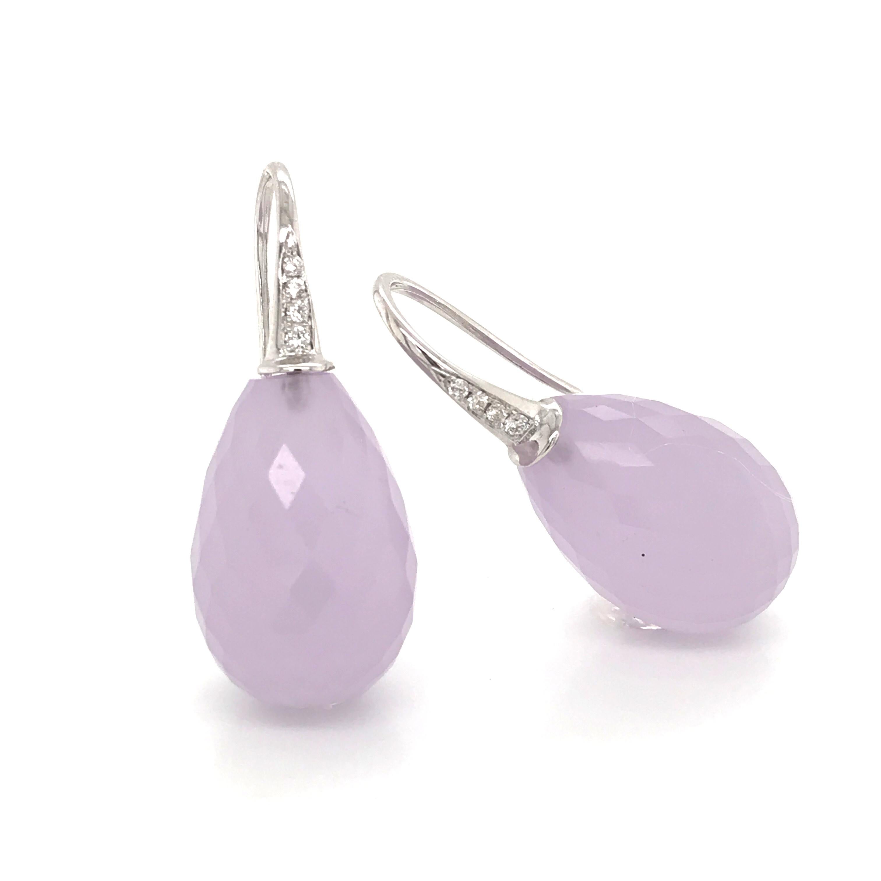 White Gold 18k with Hydro Calcedony Drop Earrings 
Weight of Gold 4.00 grams
2 Hydro Chalcedony Briolette Cut shape Drop
8 diamonds B shape 0.180 ct 
To wear day and evening, 
This pair of earring will give you style and elegance. 