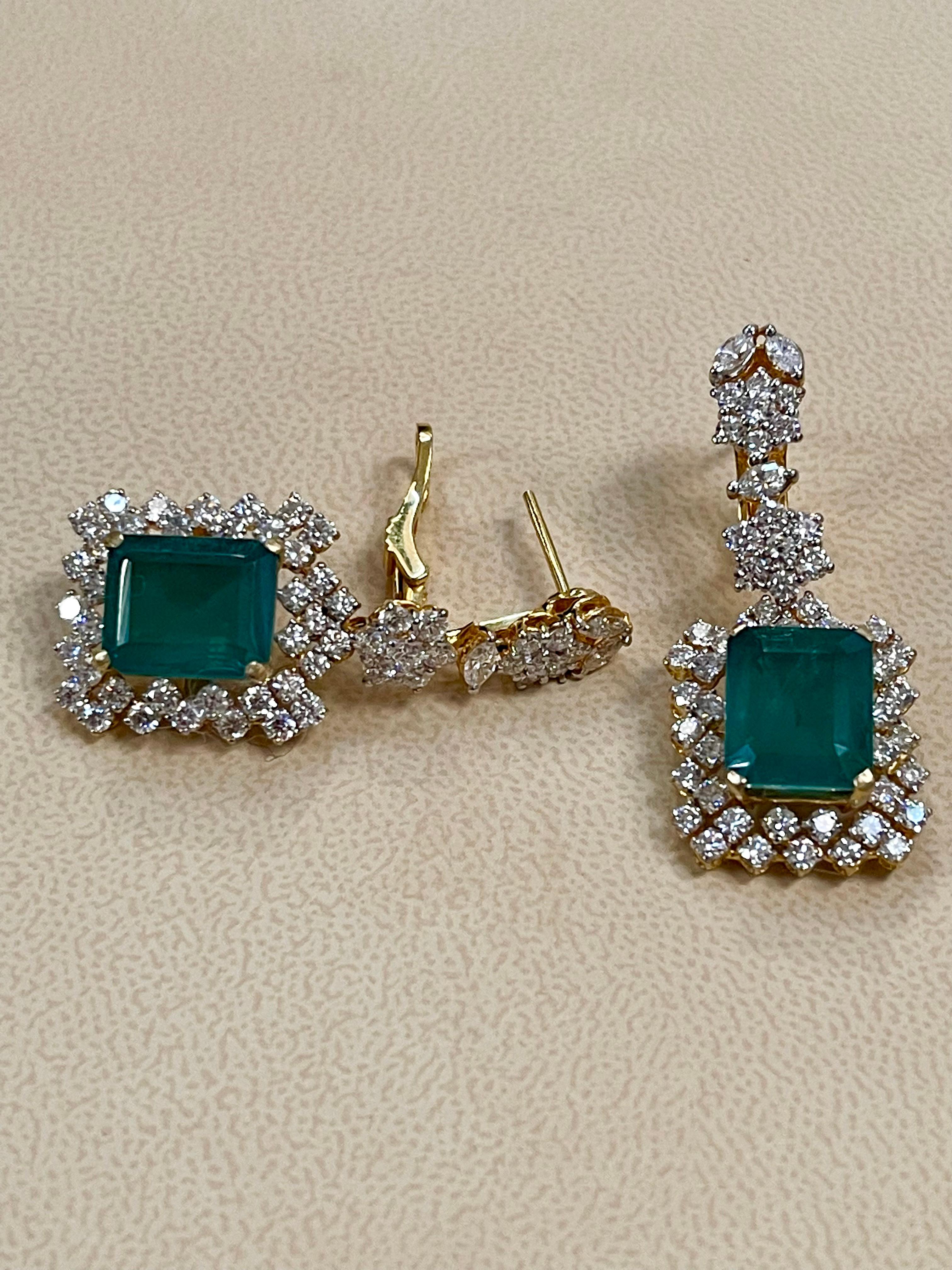 Hydro Emerald Cut Emerald, 7Ct VS Diamond Dangle/Drop Earrings 18 Kt Gold For Sale 10