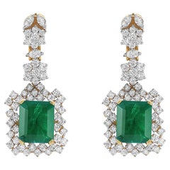 Hydro Emerald Cut Emerald, 7Ct VS Diamond Dangle/Drop Earrings 18 Kt Gold