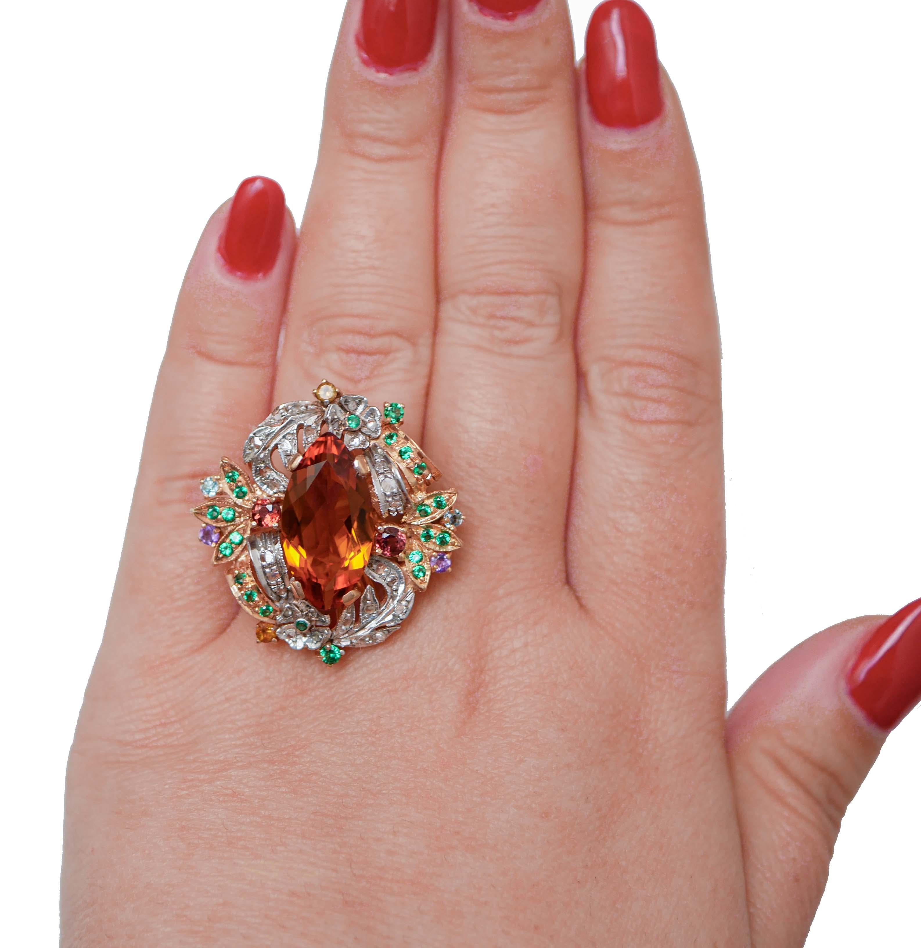 Mixed Cut Hydro Topaz, Hydro Spinel, Garnet, Amethyst, Diamonds, 14Kt Gold and Silver Ring