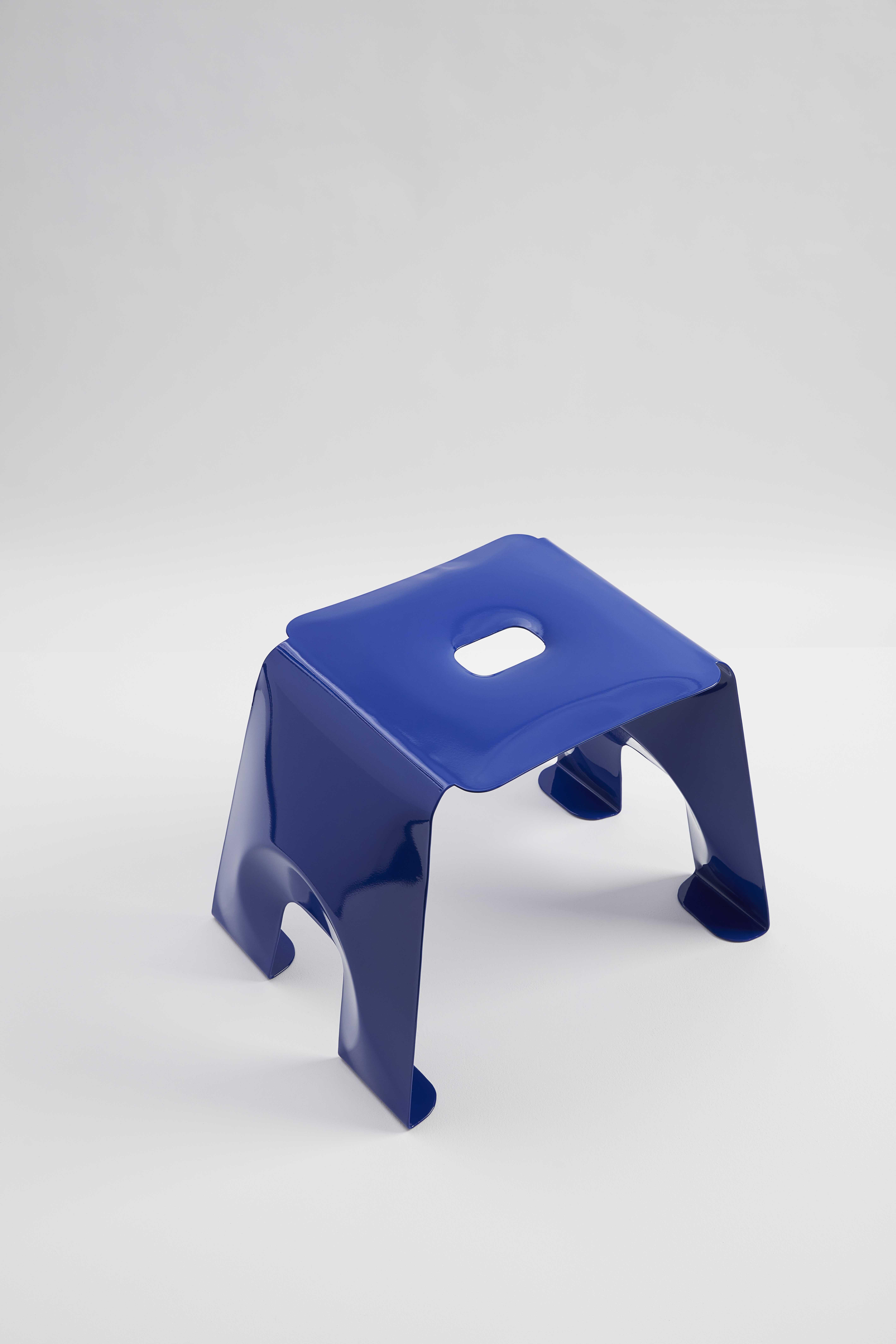 Product: A Stool
Colours: Ultramarine Blue (RAL 5003)
Materials: Powder Coated Mild Steel
Dimensions: (H) 43cm x (W) 53cm x (D) 41cm

(Stool in inflated metal).

The A Stool is a study in the process of hydroforming.

Two sheets of metal are welded