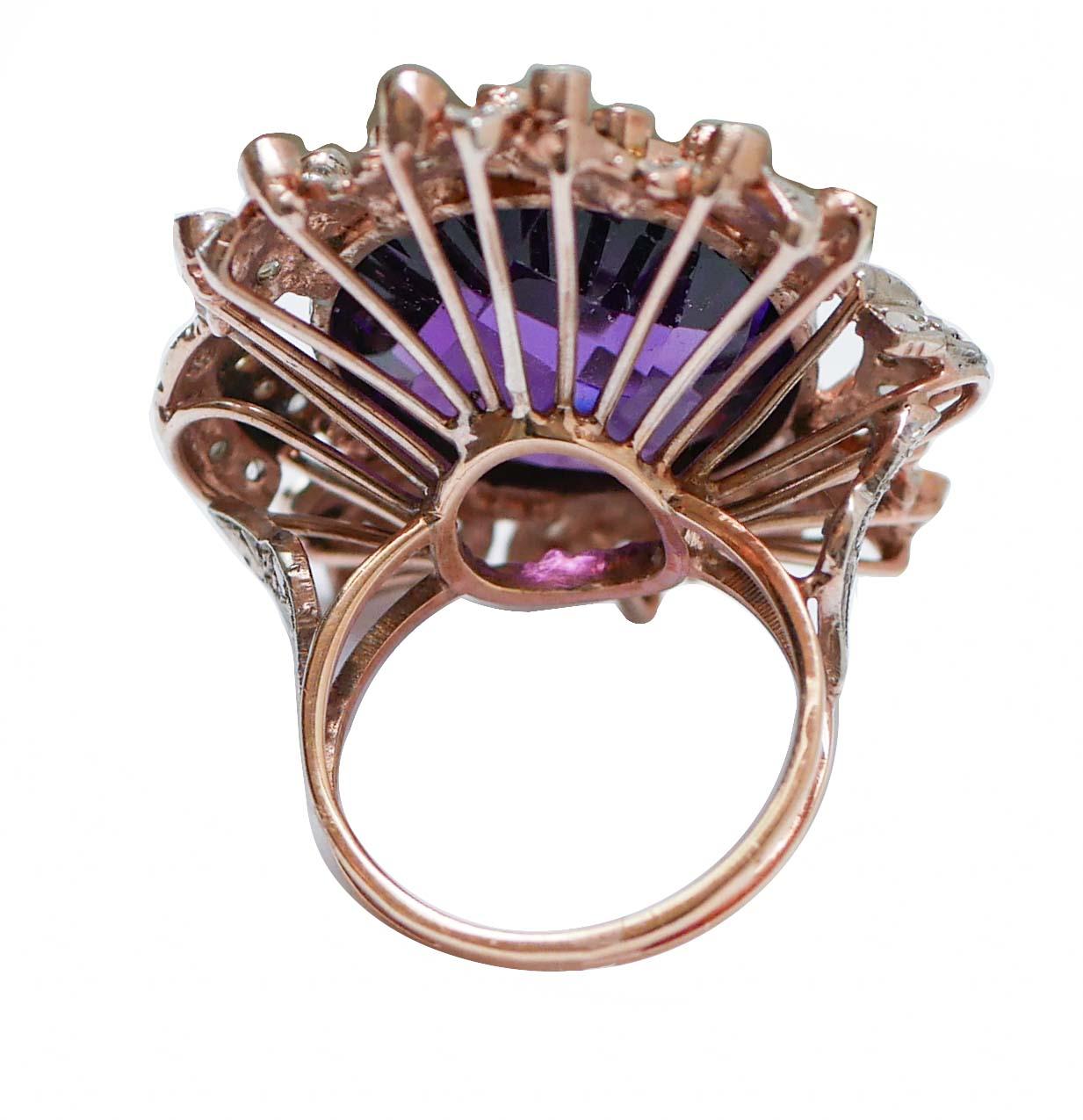Retro Hydrothermal Amethyst, Green Agate, Diamonds, 14 Kt Rose Gold and Silver Ring. For Sale