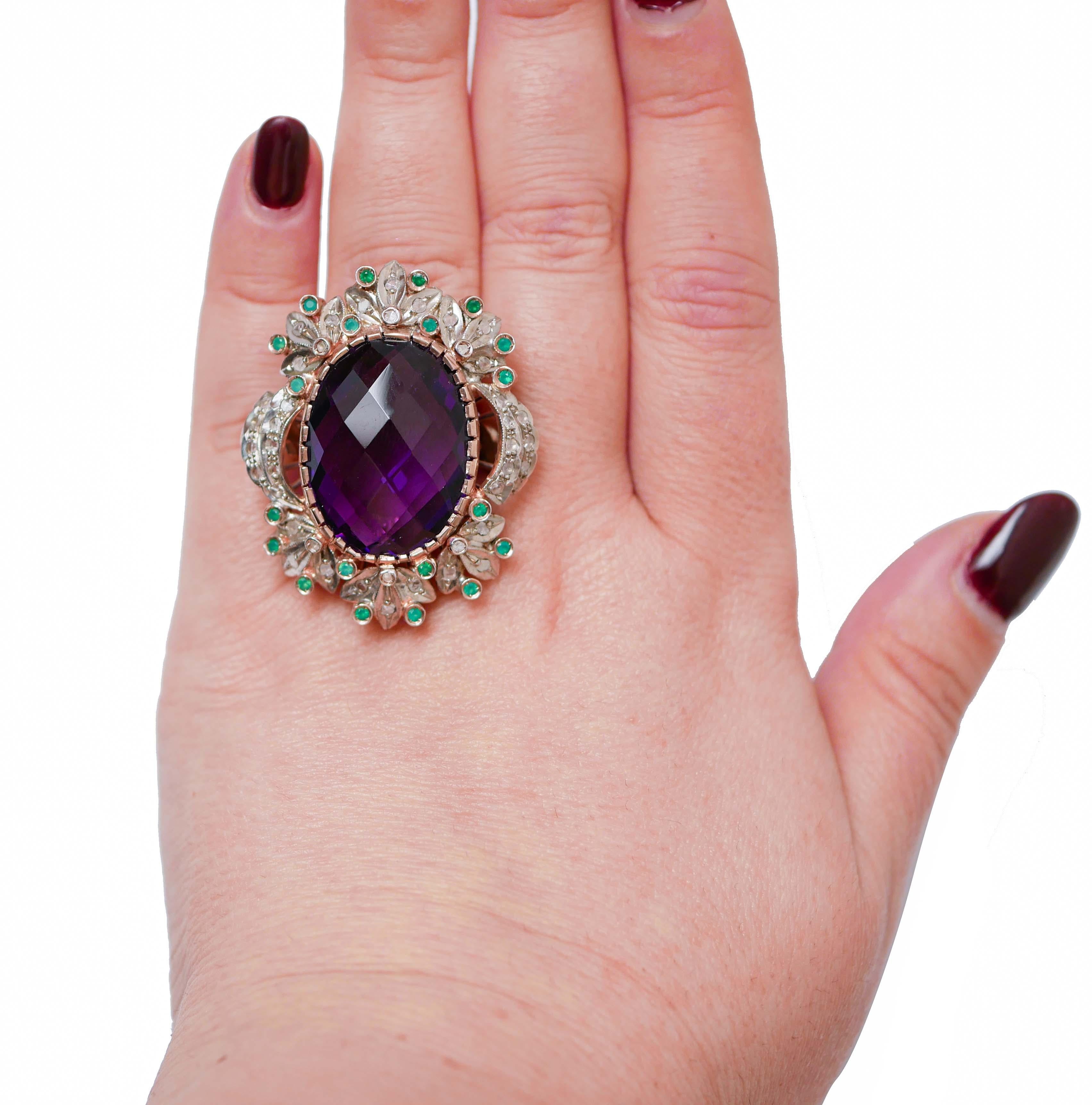 Mixed Cut Hydrothermal Amethyst, Green Agate, Diamonds, 14 Kt Rose Gold and Silver Ring. For Sale