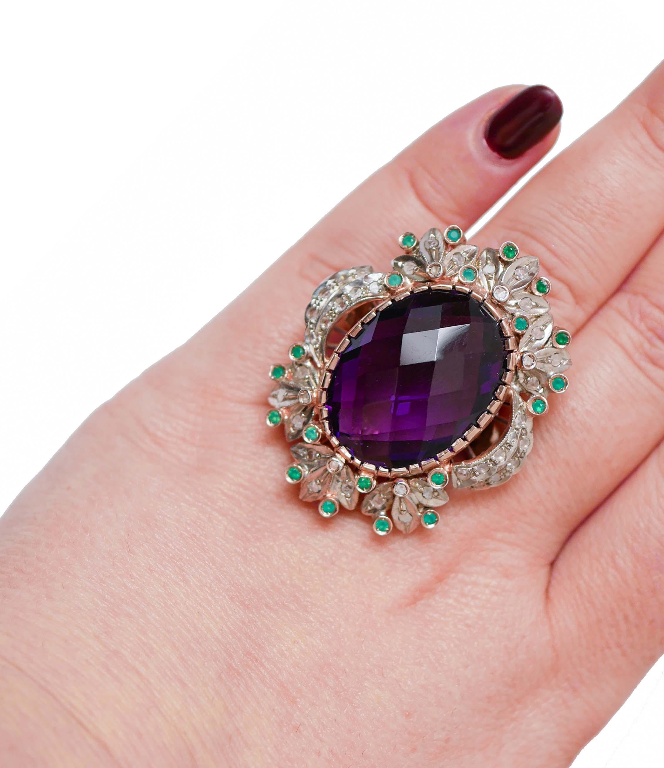 Hydrothermal Amethyst, Green Agate, Diamonds, 14 Kt Rose Gold and Silver Ring. In Good Condition For Sale In Marcianise, Marcianise (CE)