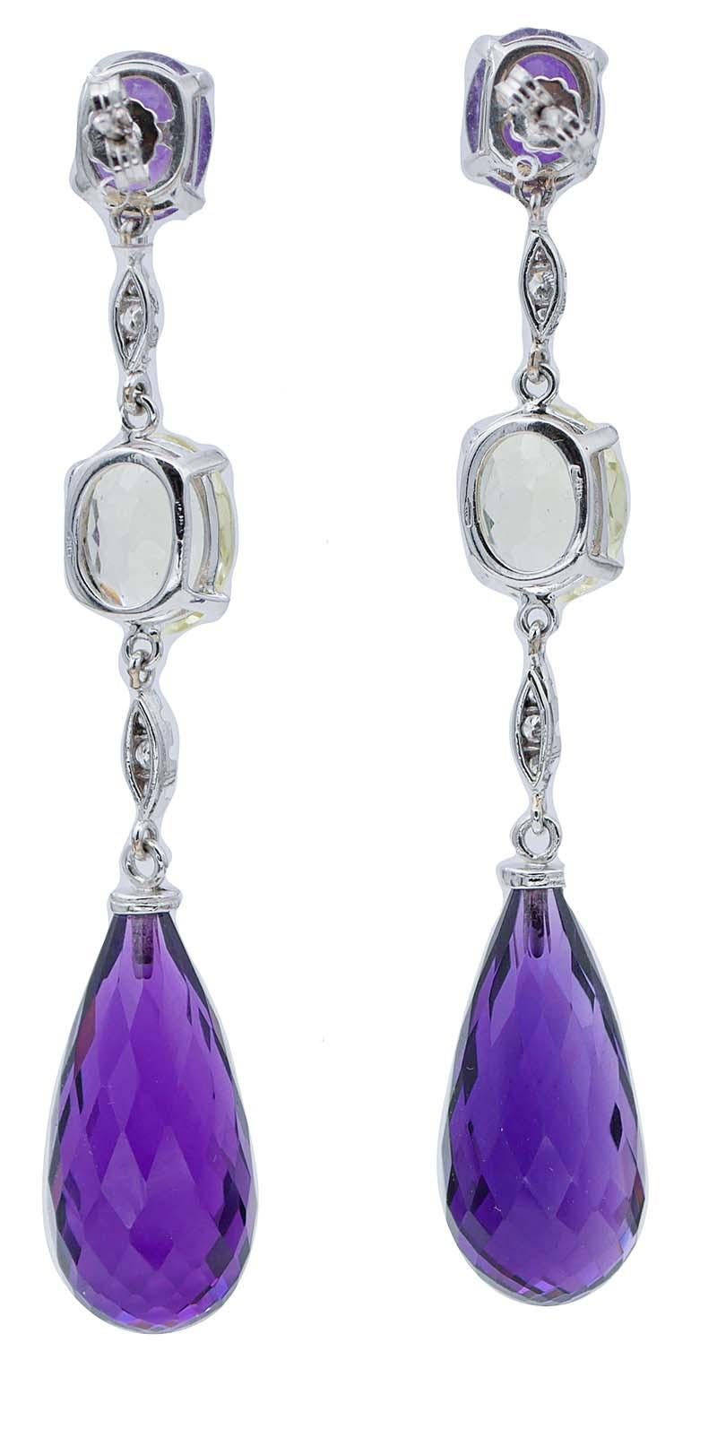 Retro Amethysts, Citrine, Diamonds, 14Kt White Gold Dangle Earrings For Sale