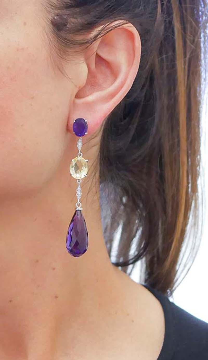 Amethysts, Citrine, Diamonds, 14Kt White Gold Dangle Earrings In Good Condition For Sale In Marcianise, Marcianise (CE)