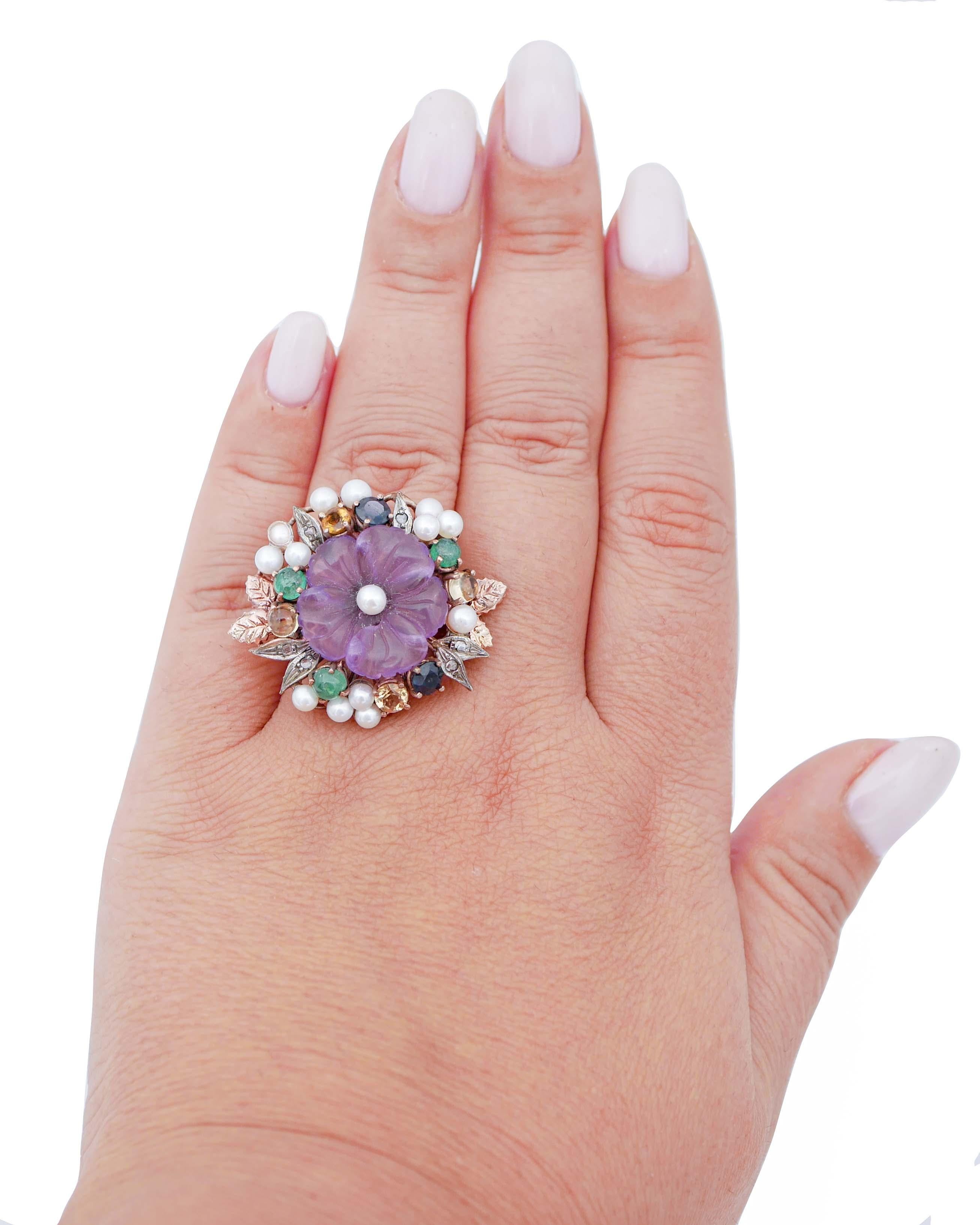 Retro Hydro Amethyst, Pearls, Emeralds, Sapphires, Diamonds, Gold and Silver Ring For Sale