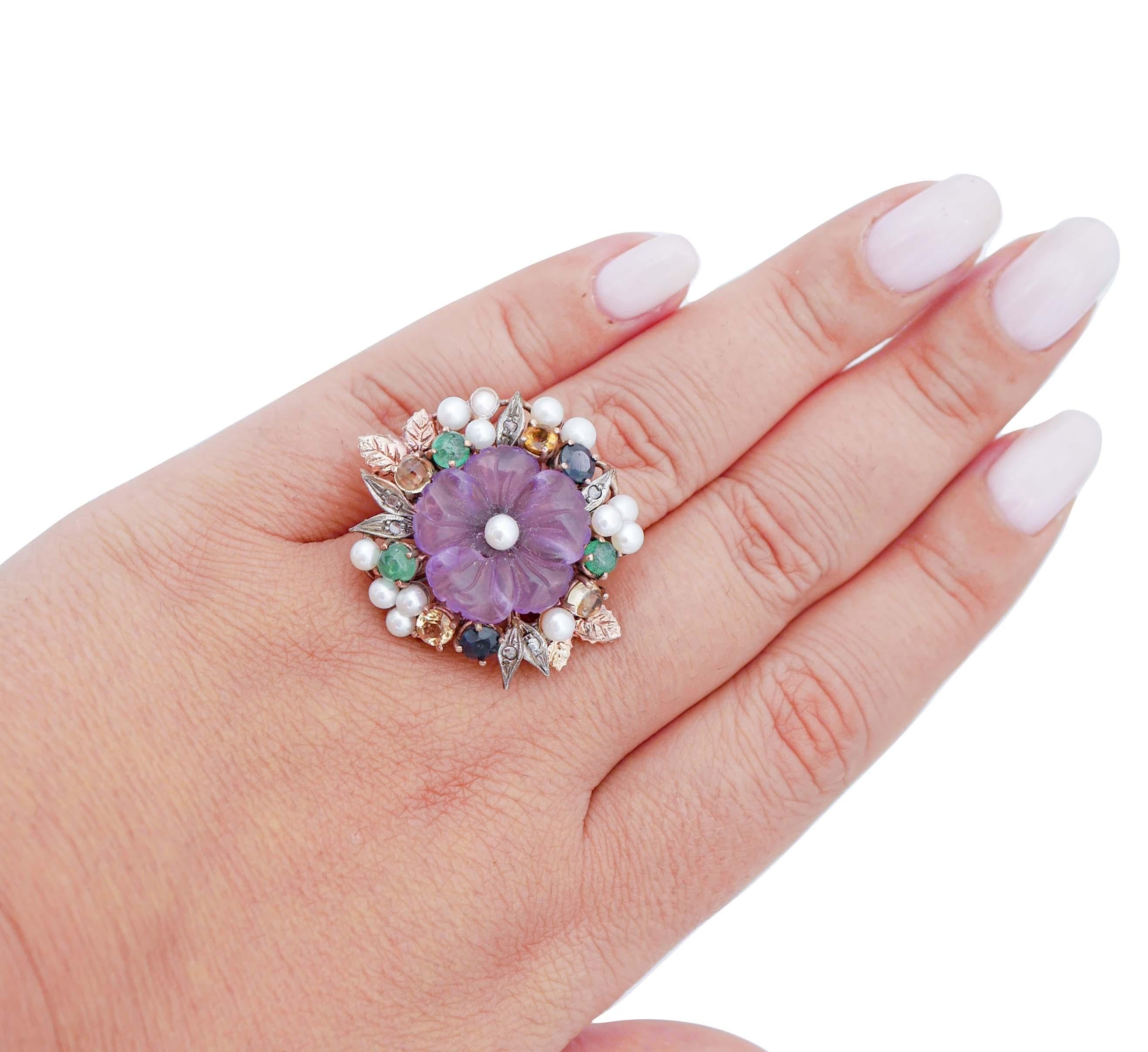 Mixed Cut Hydro Amethyst, Pearls, Emeralds, Sapphires, Diamonds, Gold and Silver Ring For Sale