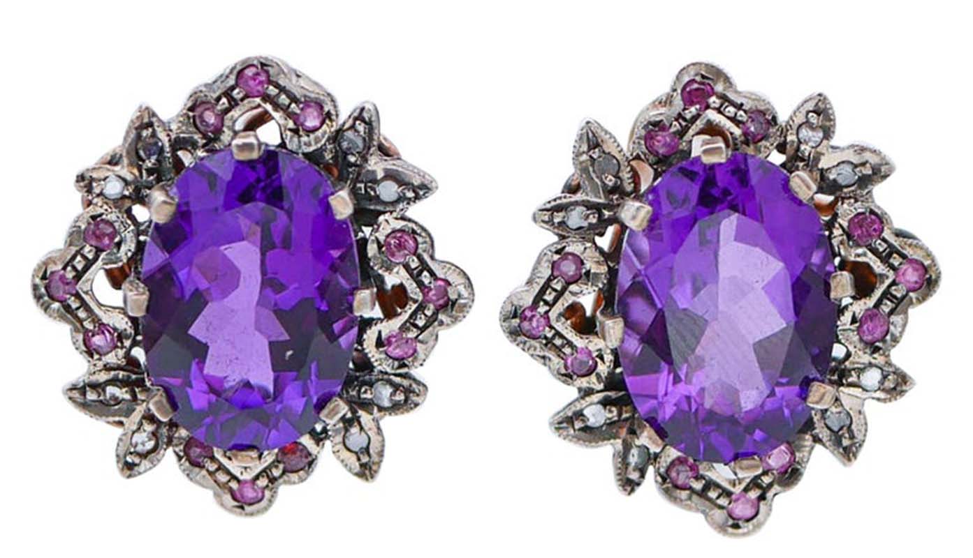 Amethysts, Rubies, Diamonds, Rose Gold and Silver Earrings