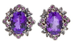 Retro Amethysts, Rubies, Diamonds, Rose Gold and Silver Earrings
