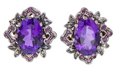 Vintage Amethysts, Rubies, Diamonds, Rose Gold and Silver Earrings