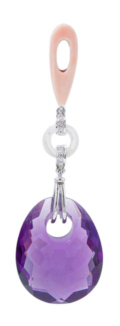 Amethysts, Pink Coral, Diamonds, White Stones, Platinum Dangle Earrings