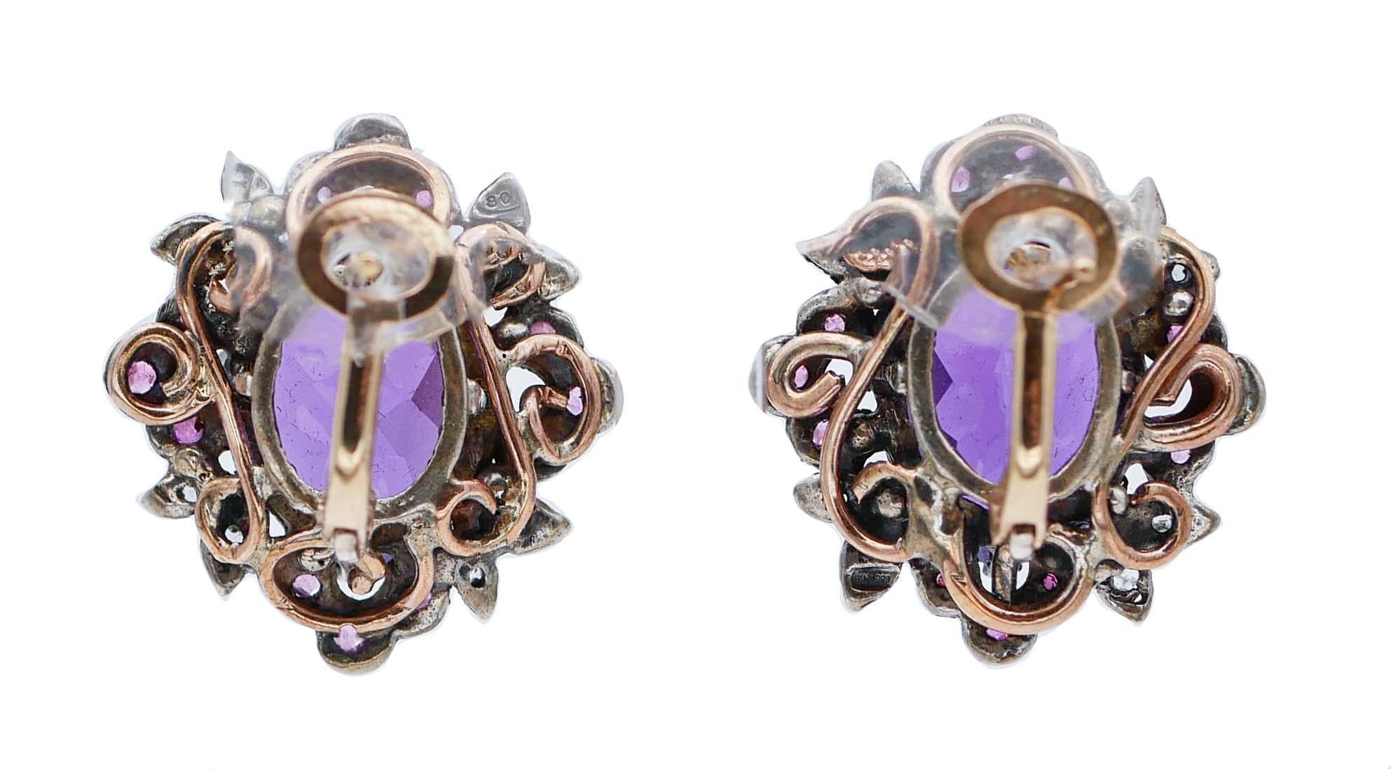 Retro Amethysts, Rubies, Diamonds, Rose Gold and Silver Earrings For Sale