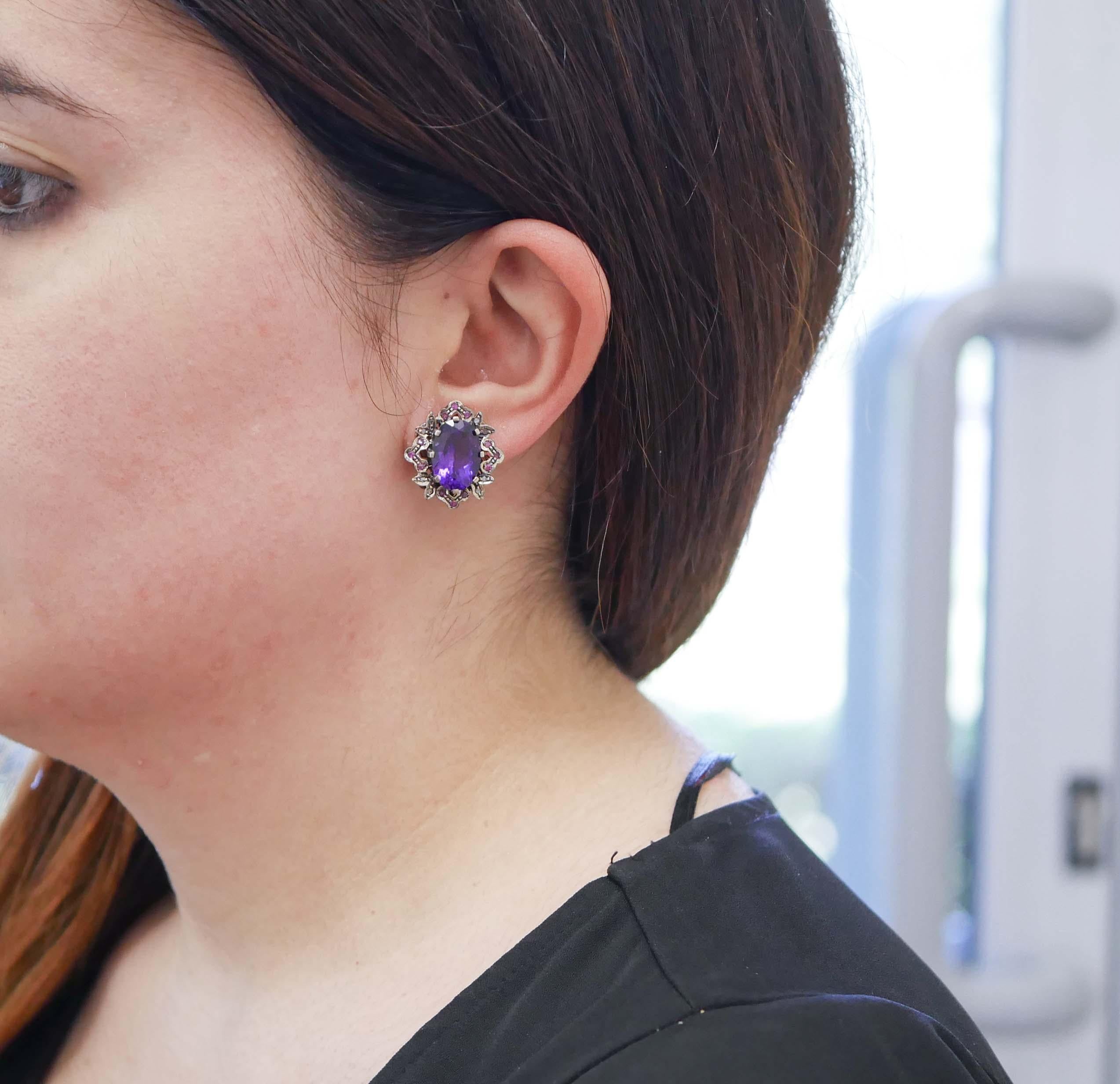 Mixed Cut Amethysts, Rubies, Diamonds, Rose Gold and Silver Earrings For Sale