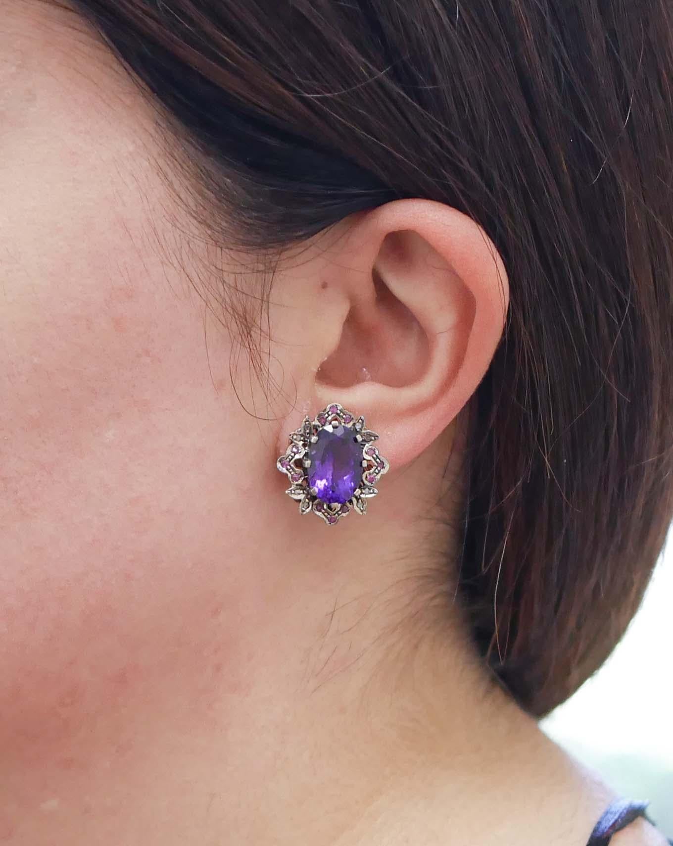 Amethysts, Rubies, Diamonds, Rose Gold and Silver Earrings In Good Condition For Sale In Marcianise, Marcianise (CE)
