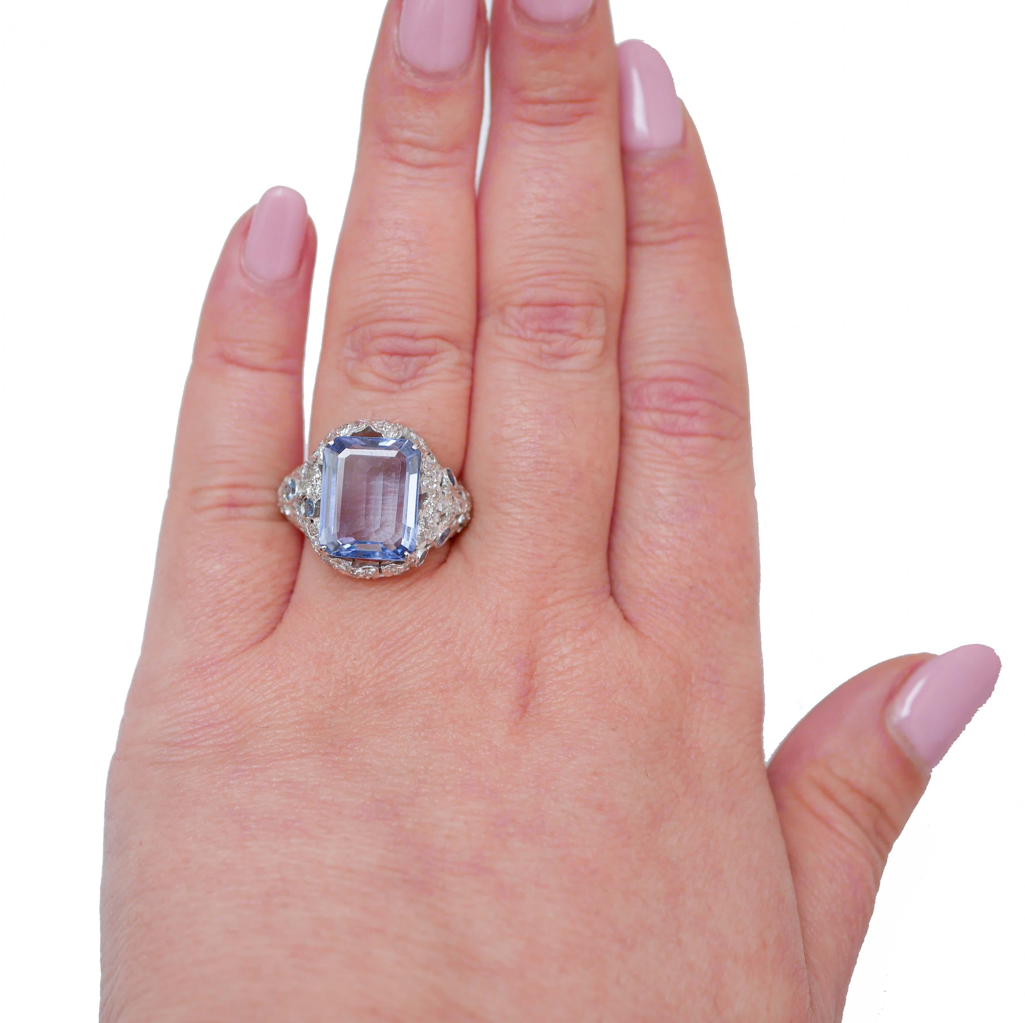 Mixed Cut Hydrothermal Ceylon Sapphire, Diamonds, Sapphires, 18 Karat White Gold Ring. For Sale